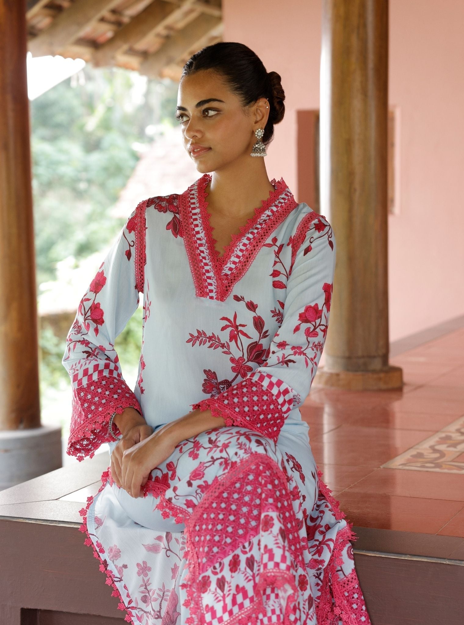 Mulmul Lawn Printed Diti Blue Kurta With Mulmul Lawn Printed Diti Blue Pant