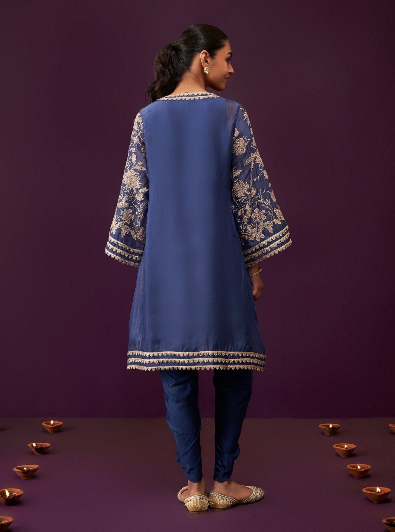 Mulmul Organza Sunee Navy Kurta With Mulmul Cupro Satin Sunee Navy Salwar