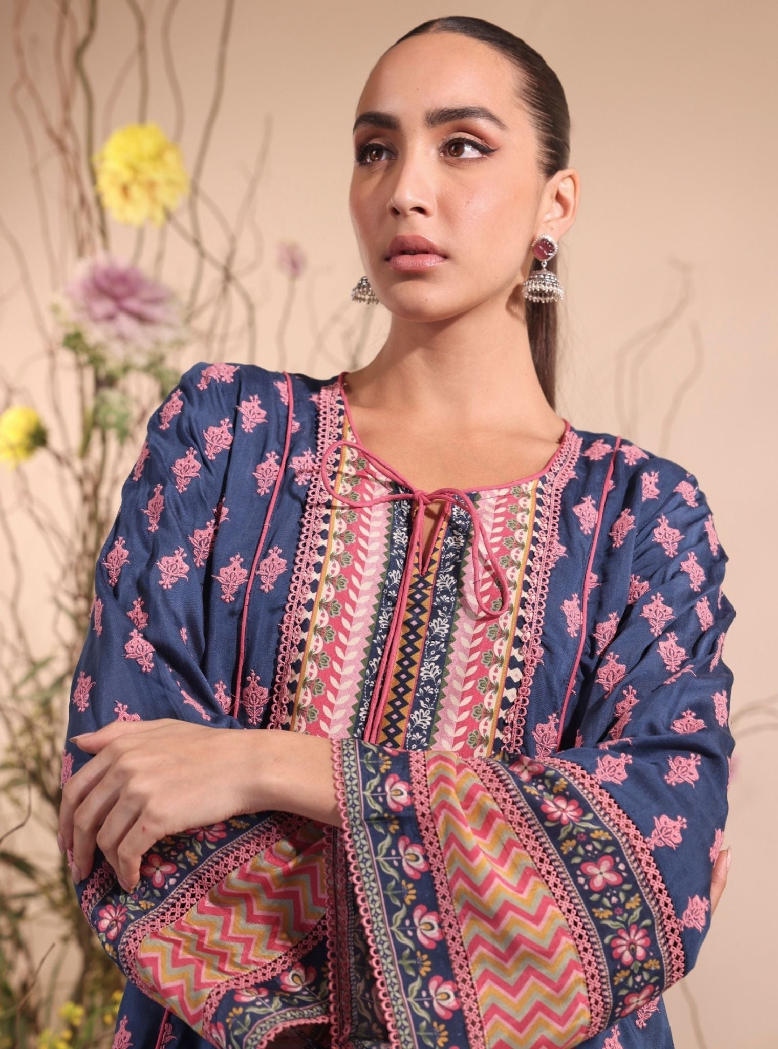Mulmul Lawn Anvita Navy Kurta With Mulmul Lawn Anvita Navy Pant