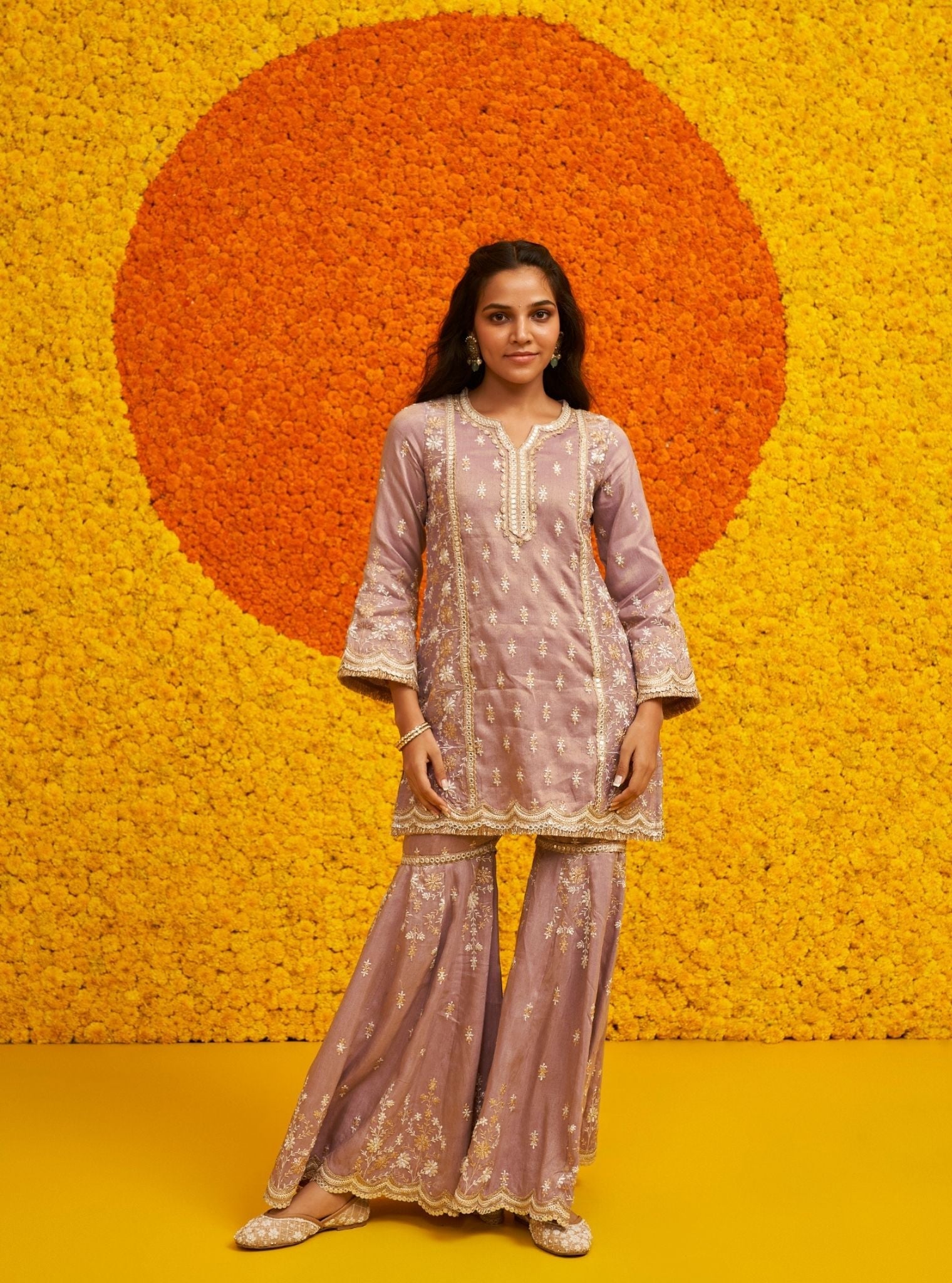 Mulmul Tissue Linen Satin Satranga Lilac Kurta With Mulmul Tissue Linen Satin Satranga Lilac Pant