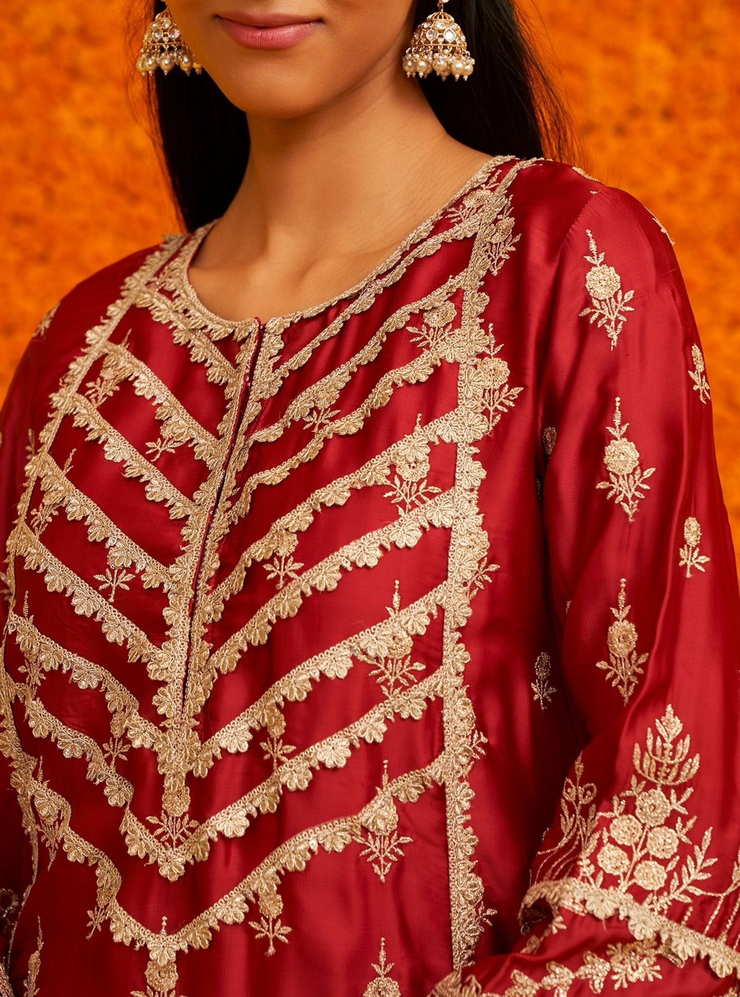 Mulmul Organza Satin Ambar Red Kurta With Mulmul Pima Satin Ambar Red Pant