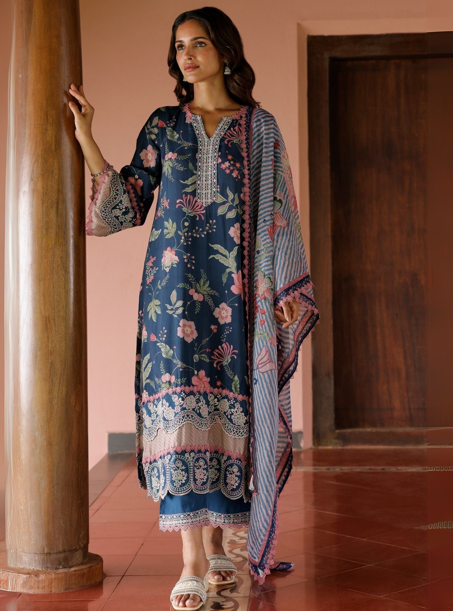 Mulmul Lawn Printed Rohi Navy Kurta With Mulmul Lawn Printed Rohi Navy Pant