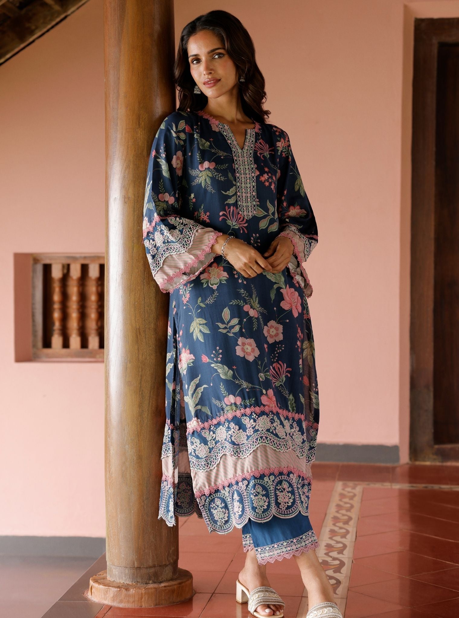 Mulmul Lawn Printed Rohi Navy Kurta With Mulmul Lawn Printed Rohi Navy Pant