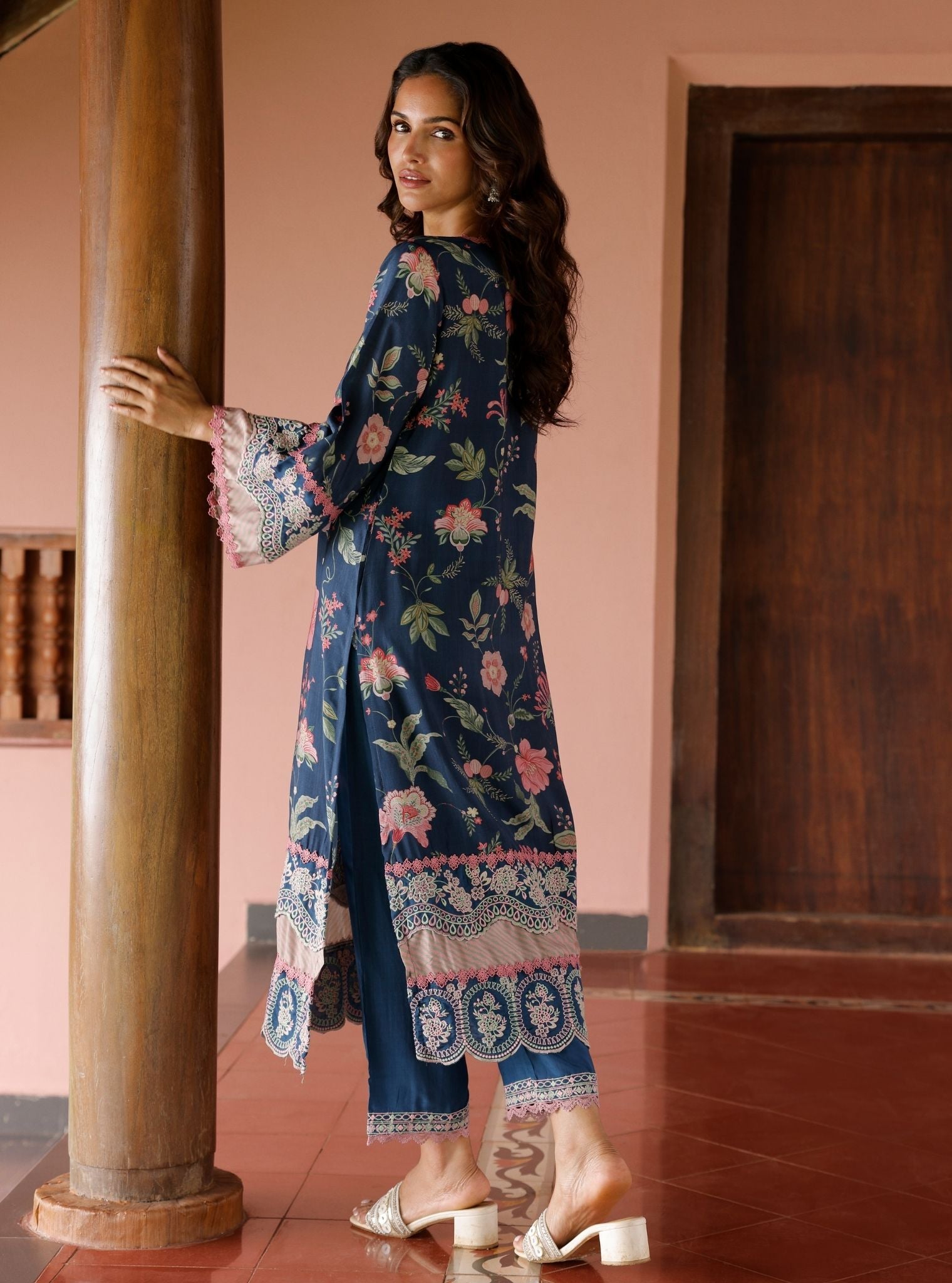 Mulmul Lawn Printed Rohi Navy Kurta With Mulmul Lawn Printed Rohi Navy Pant