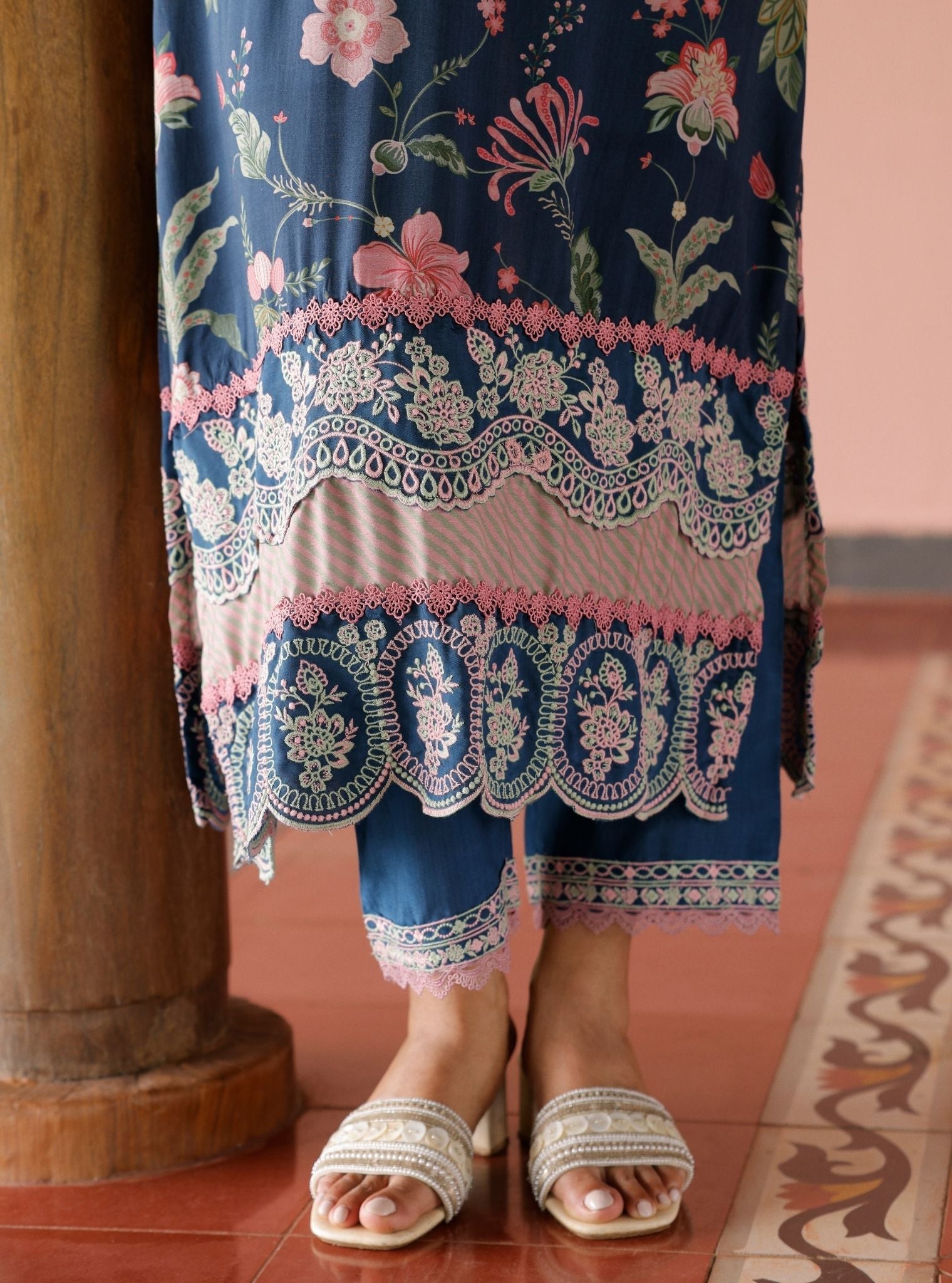 Mulmul Lawn Printed Rohi Navy Kurta With Mulmul Lawn Printed Rohi Navy Pant