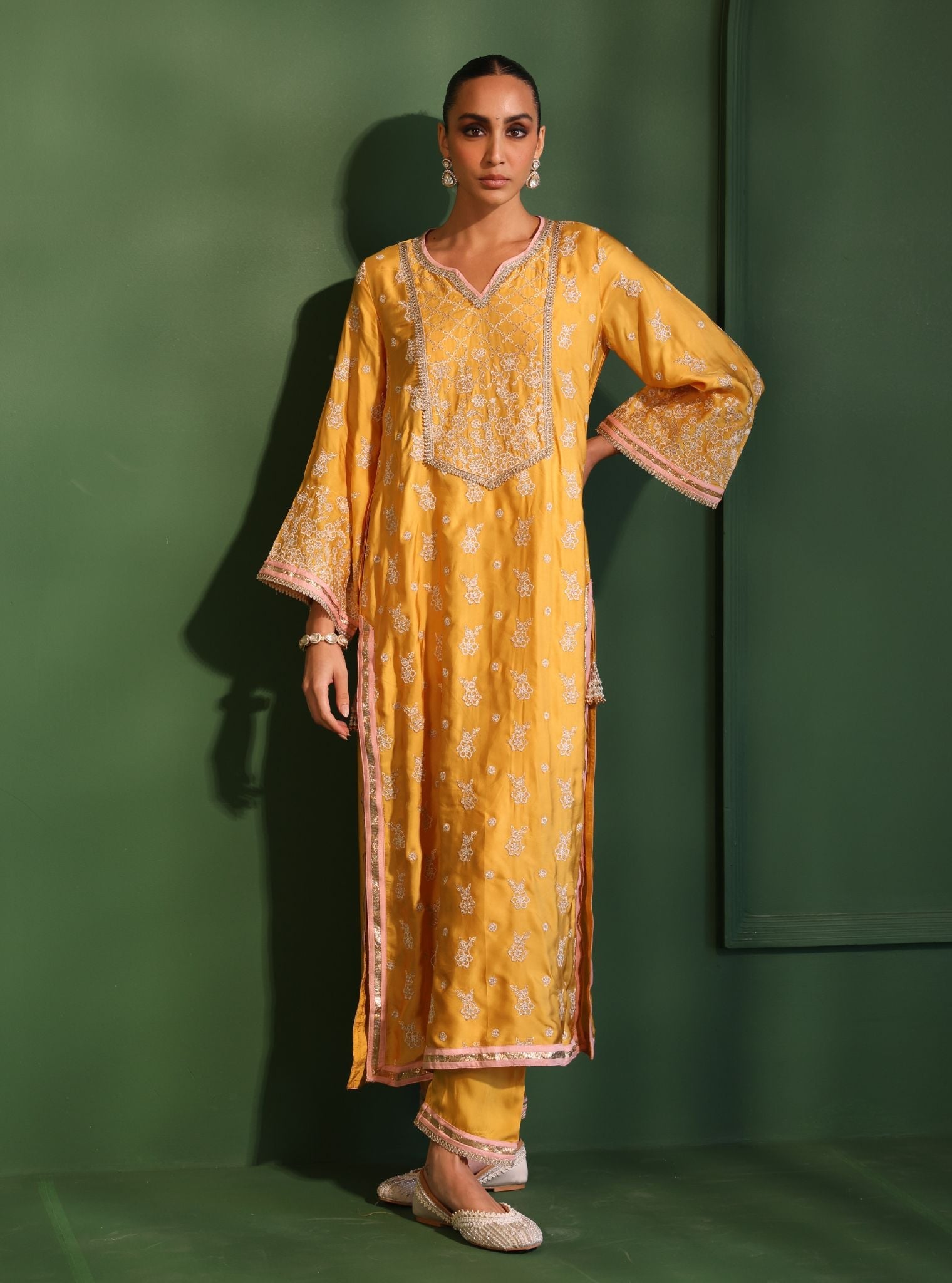 Nazakat Cupro Satin Yellow Kurta Set