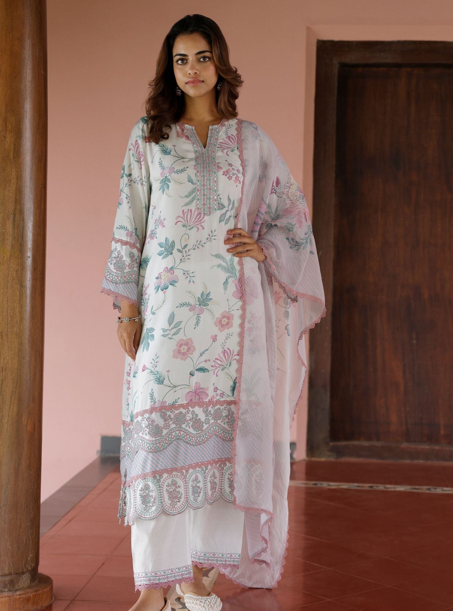 Mulmul Lawn Printed Rohi Off White Kurta With Mulmul Lawn Printed Rohi Off White Pant