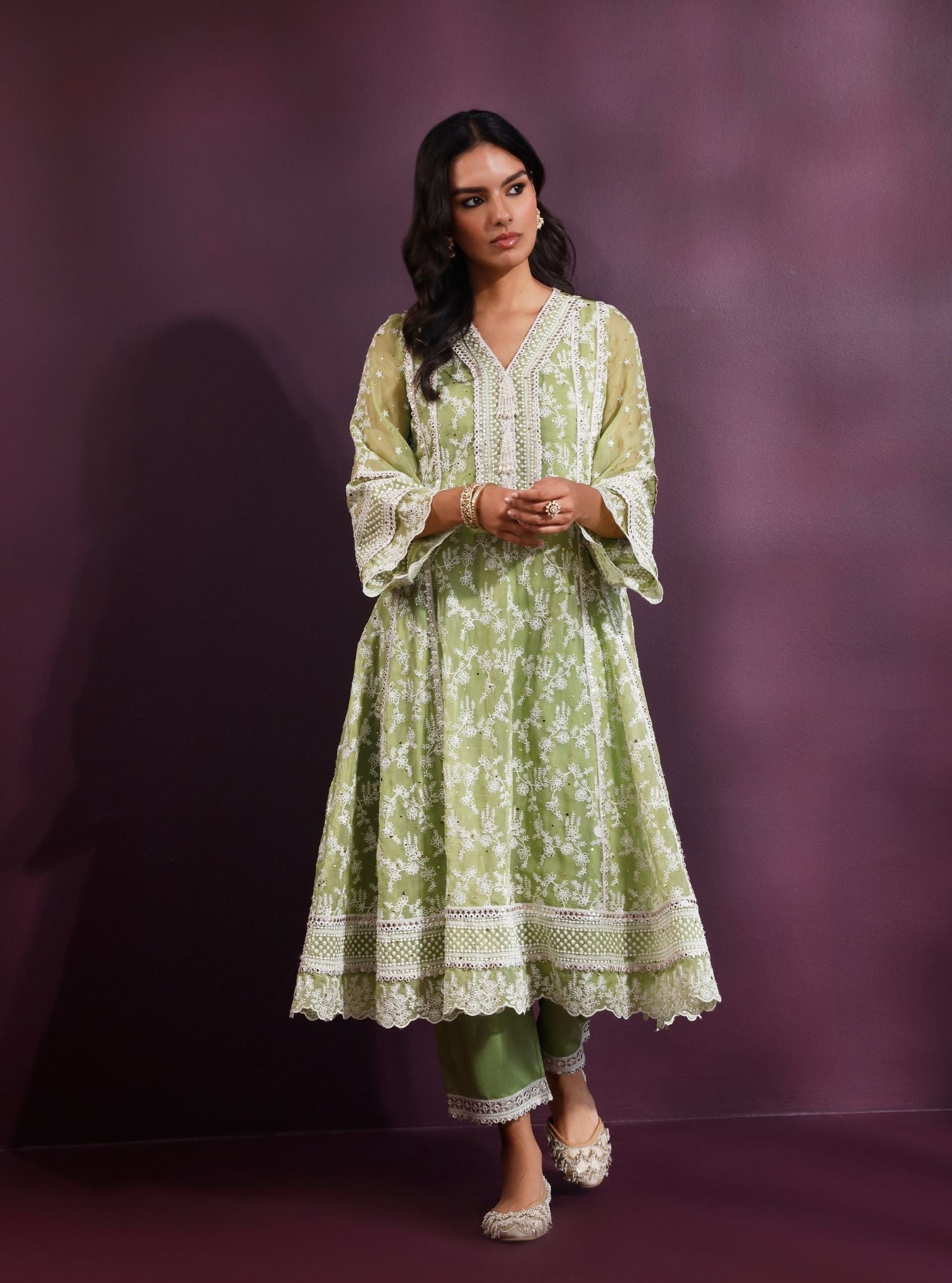Rupa Organza Pista Green Anarkali Kurta Set