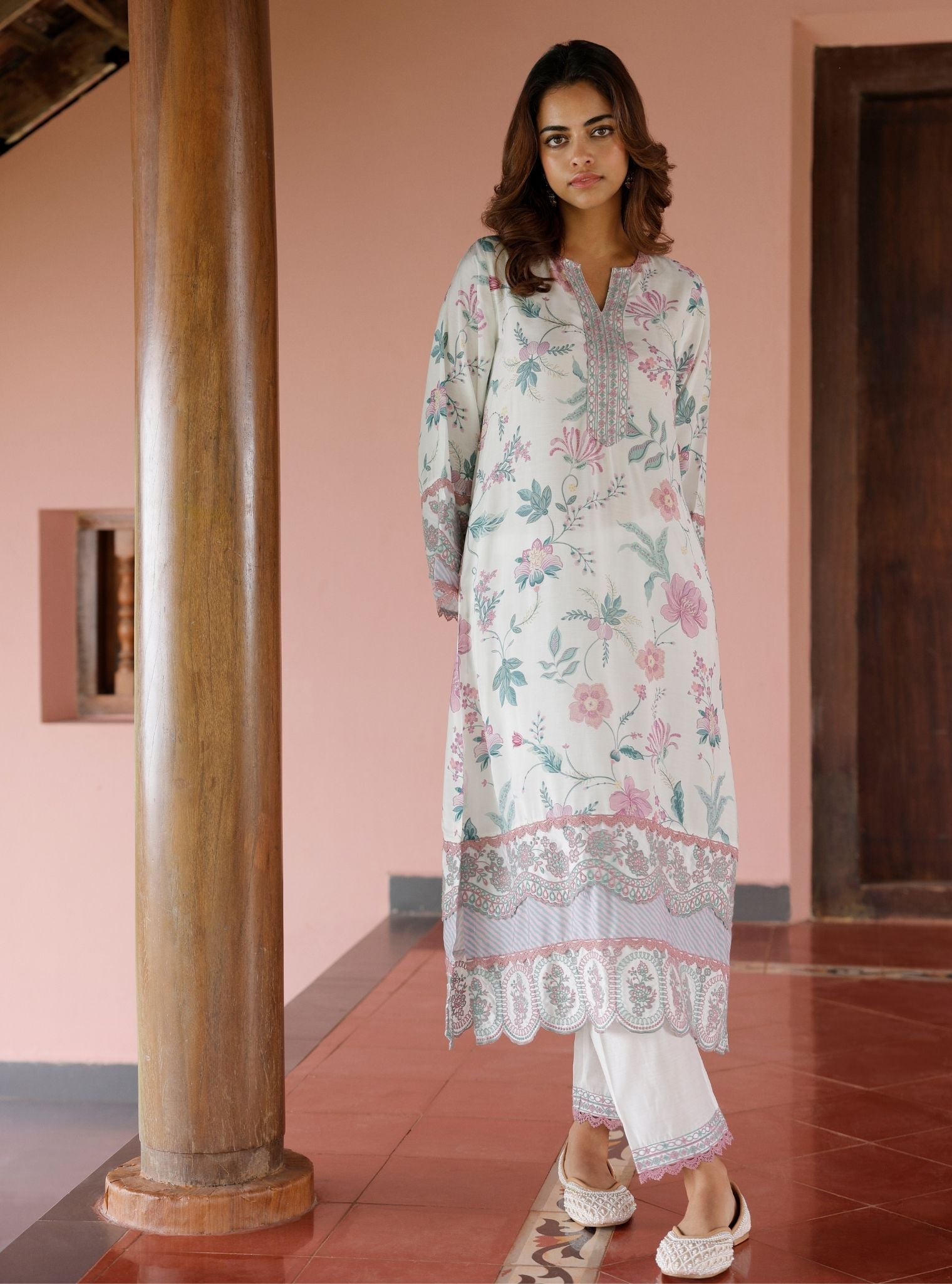 Mulmul Lawn Printed Rohi Off White Kurta With Mulmul Lawn Printed Rohi Off White Pant