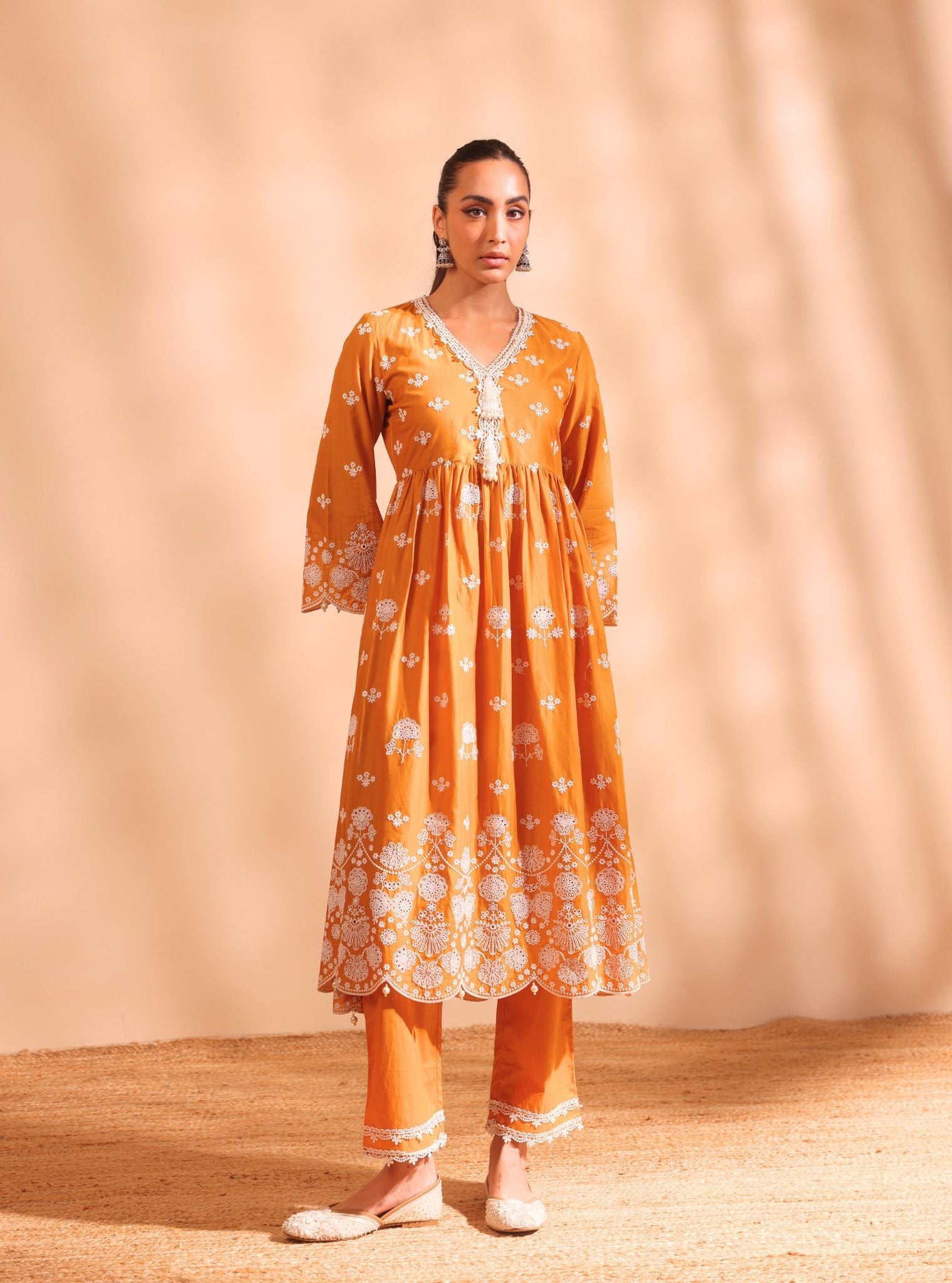 Mulmul Cotton Nilan Orange Kurta With Mulmul Cotton Nilan Orange Pant