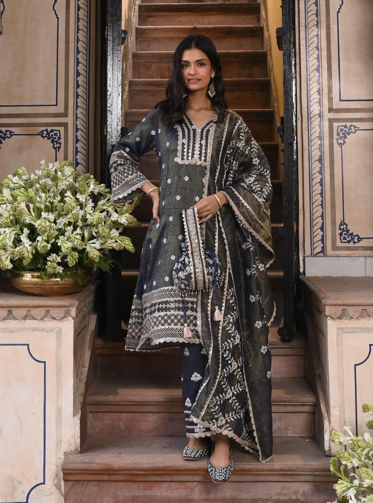 Mulmul Luxe Tissue Satin Sajni Navy Kurta with Mulmul Luxe Tissue Satin Sajni Navy Pant