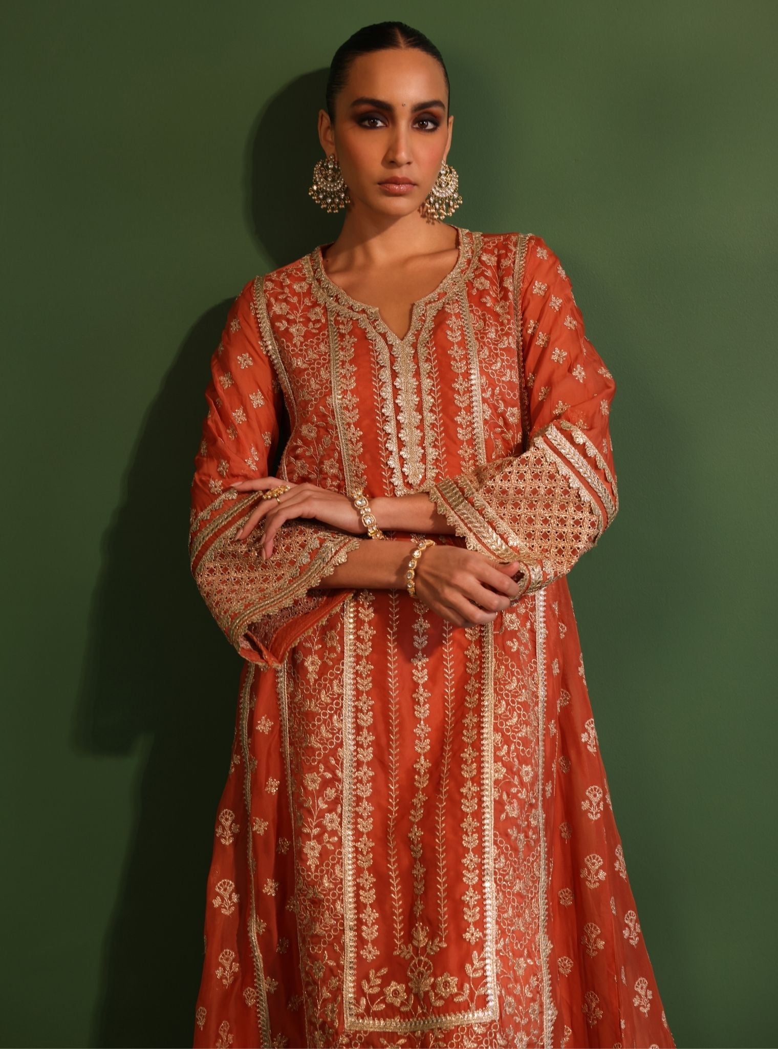 Mulmul Organza Katha Orange Anarkali Kurta With Mulmul Pima Satin Katha Orange Pant