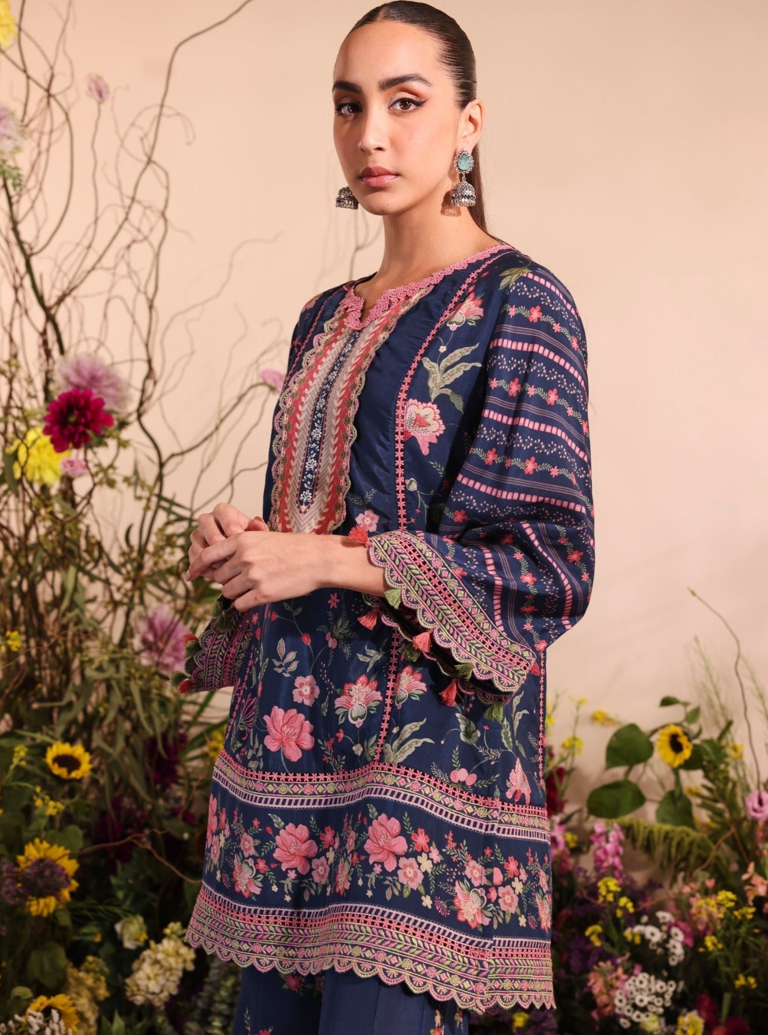 Mulmul Lawn Printed Miran Navy Kurta With Mulmul Lawn Printed Miran Navy Garara