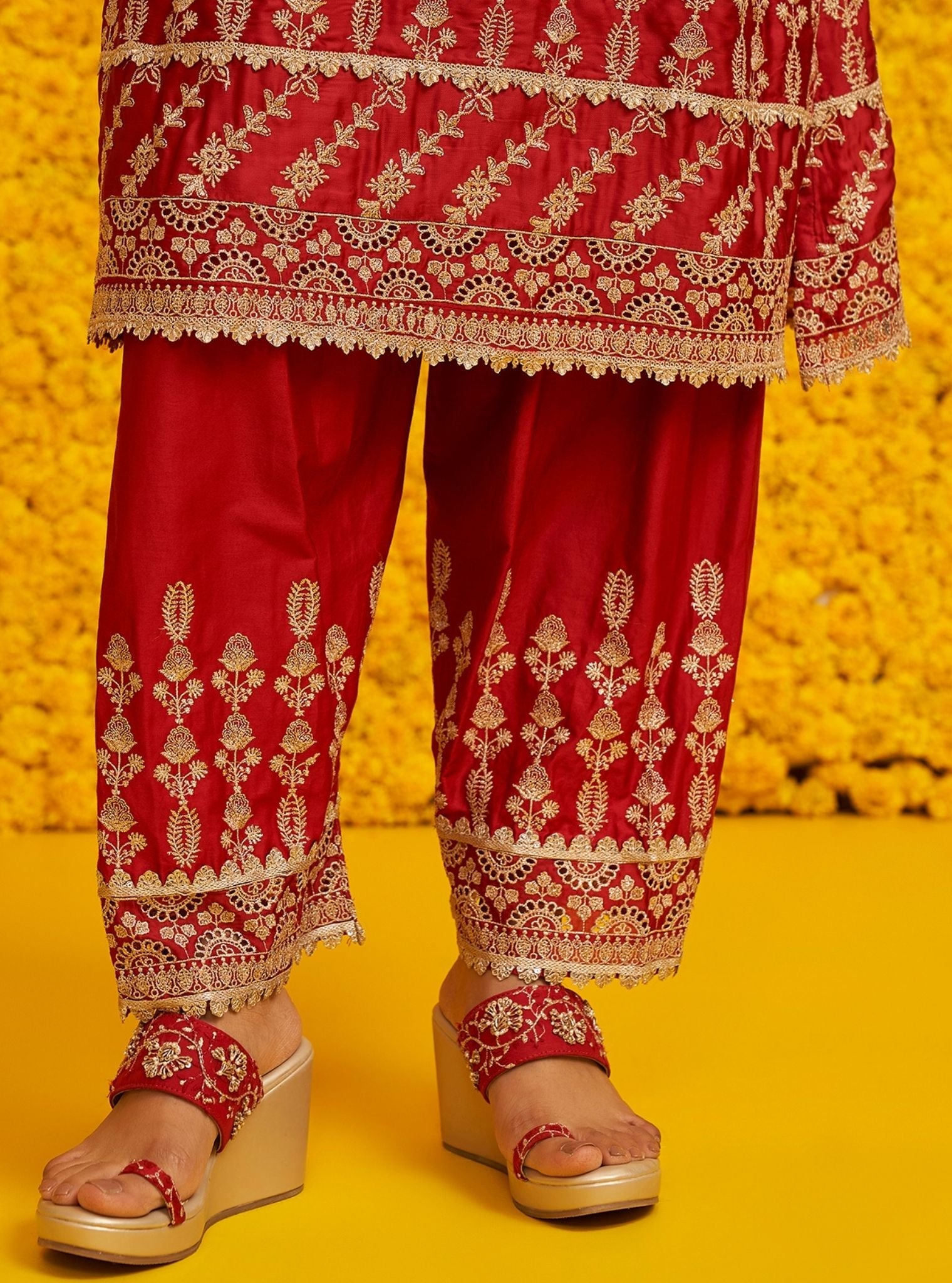 Mulmul Organza Satin Ambar Red Kurta With Mulmul Pima Satin Ambar Red Pant