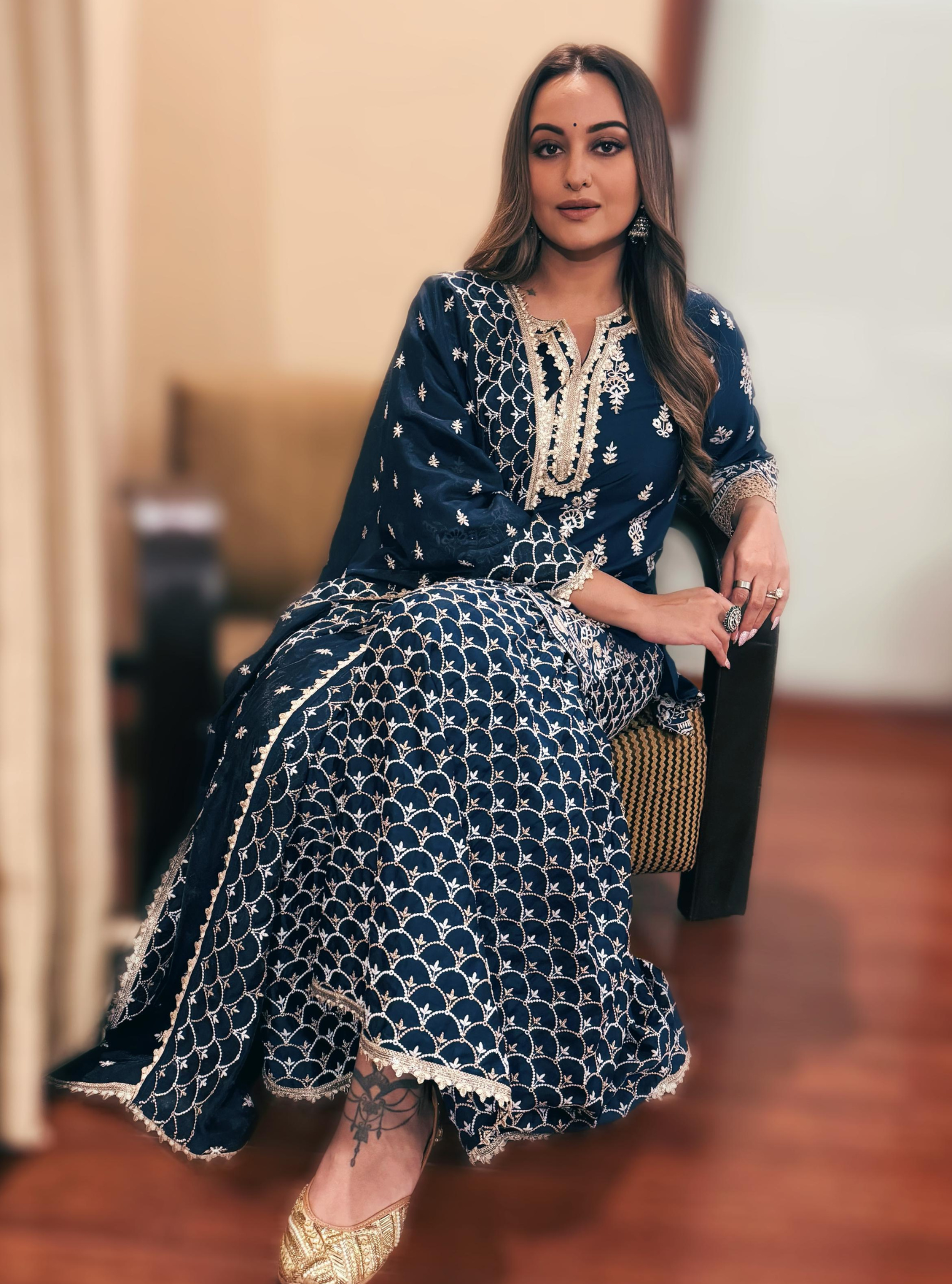 Mulmul Pima Satin Aree Navy Kurta With Mulmul Pima Satin Aree Navy Garara