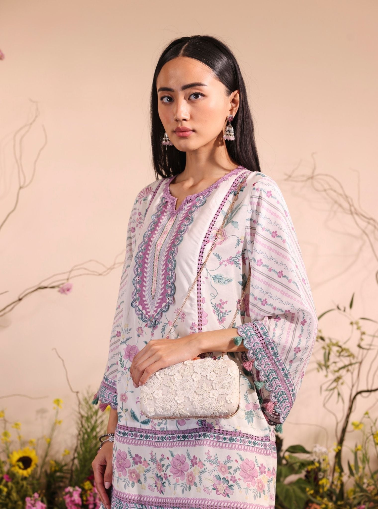 Mulmul Lawn Printed Miran White Kurta With Mulmul Lawn Printed Miran White Garara