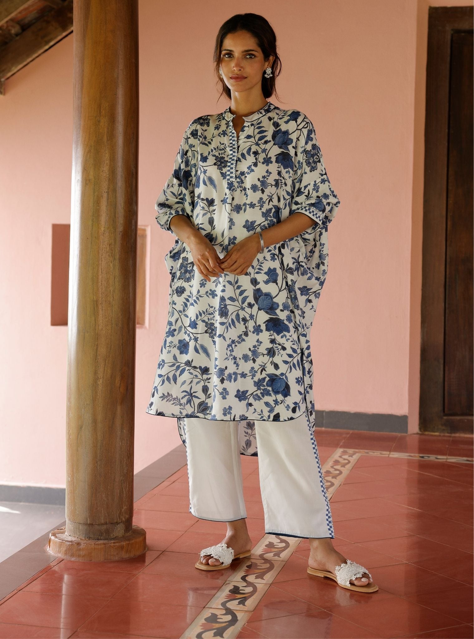 Mulmul Lawn Printed Marius White/Navy Kurta With Mulmul Lawn Printed Marius White/Navy Pant