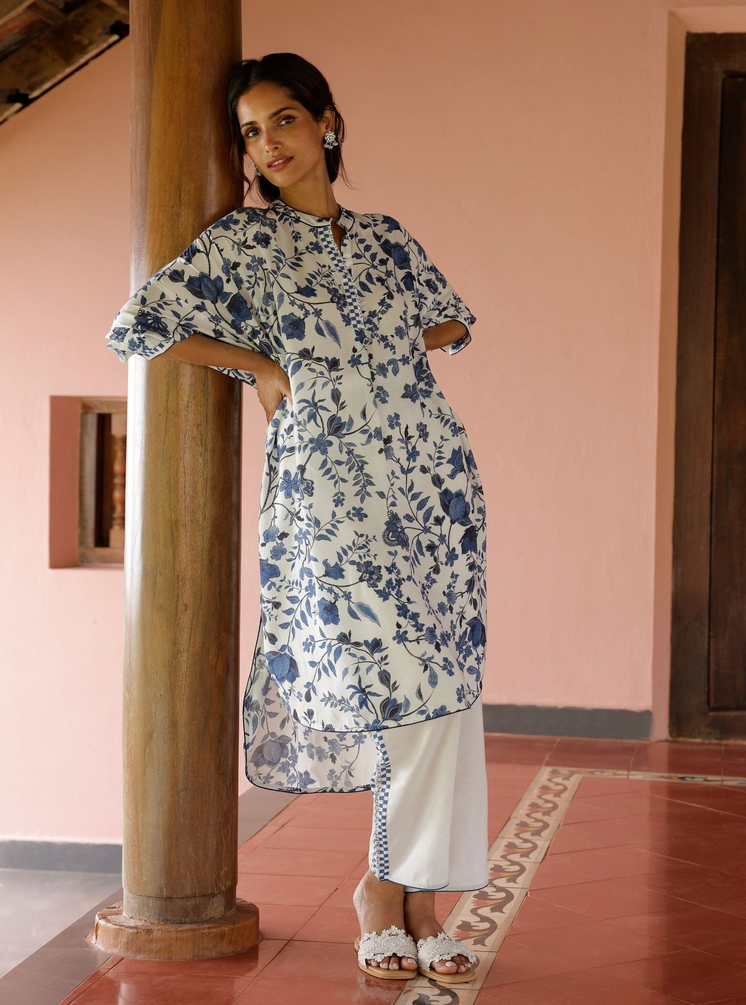 Mulmul Lawn Printed Marius White/Navy Kurta With Mulmul Lawn Printed Marius White/Navy Pant