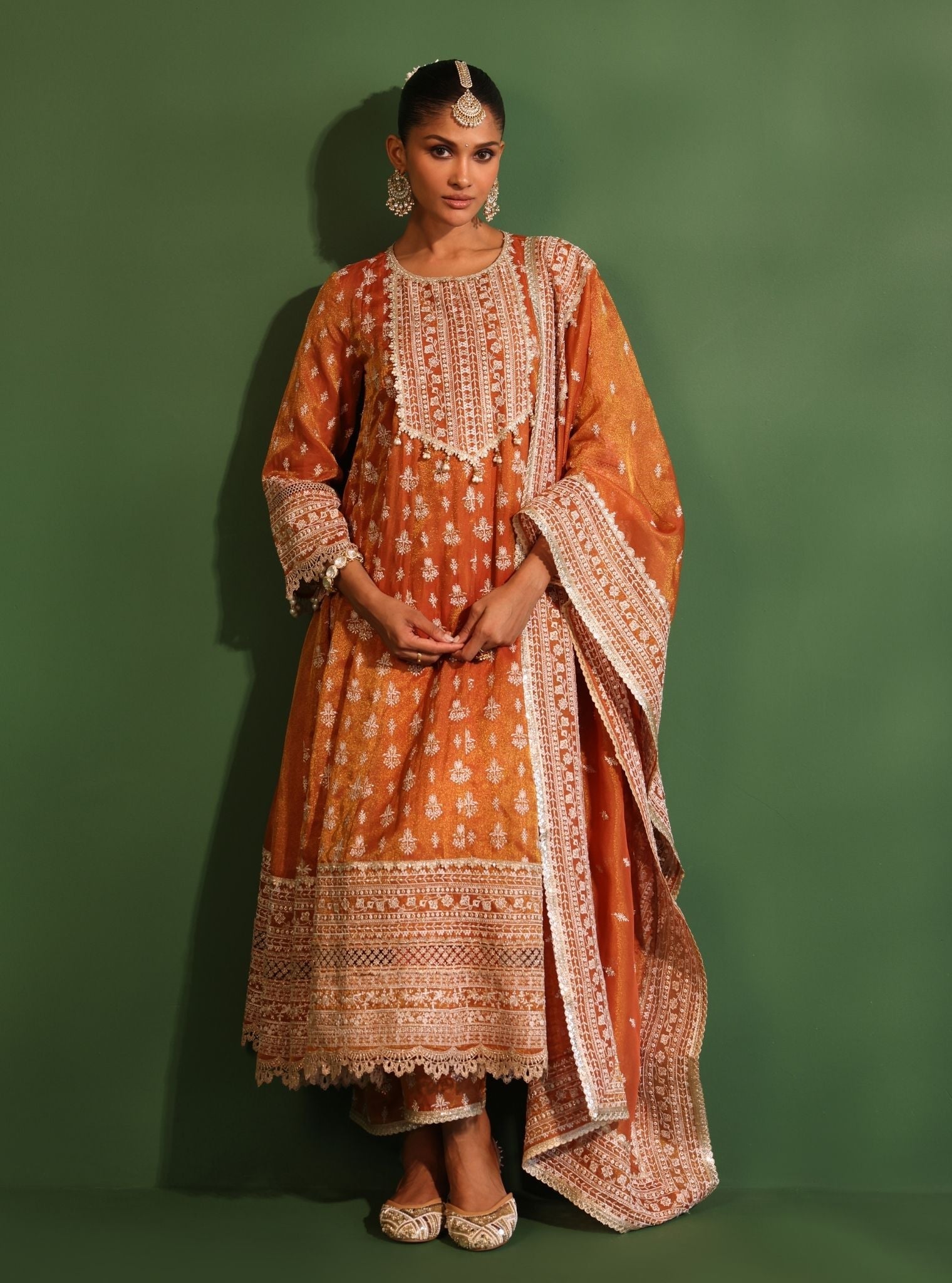 Mulmul Luxe Organza Jalwa Orange Anarkali Kurta With Mulmul Luxe Organza Jalwa Orange Pant