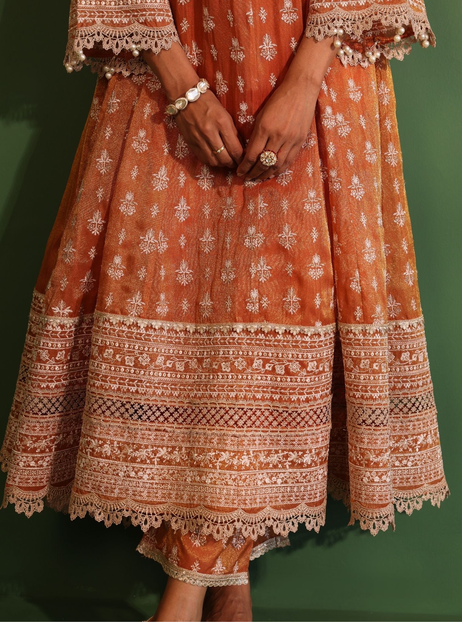 Mulmul Luxe Organza Jalwa Orange Anarkali Kurta With Mulmul Luxe Organza Jalwa Orange Pant