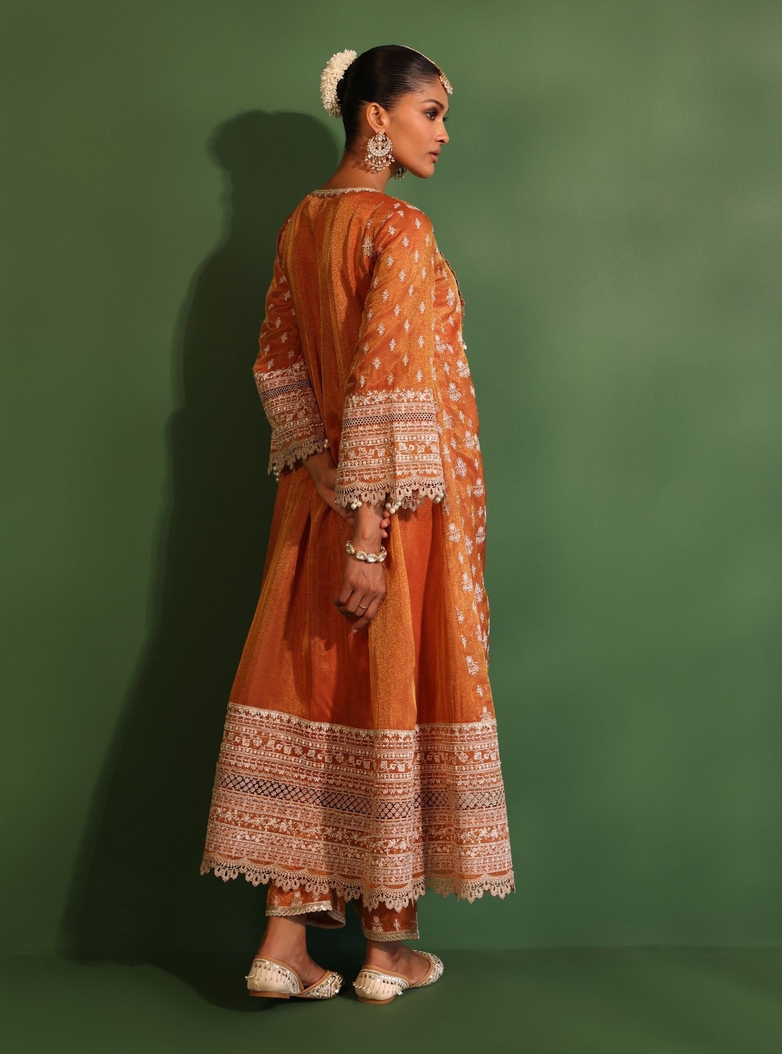 Mulmul Luxe Organza Jalwa Orange Anarkali Kurta With Mulmul Luxe Organza Jalwa Orange Pant