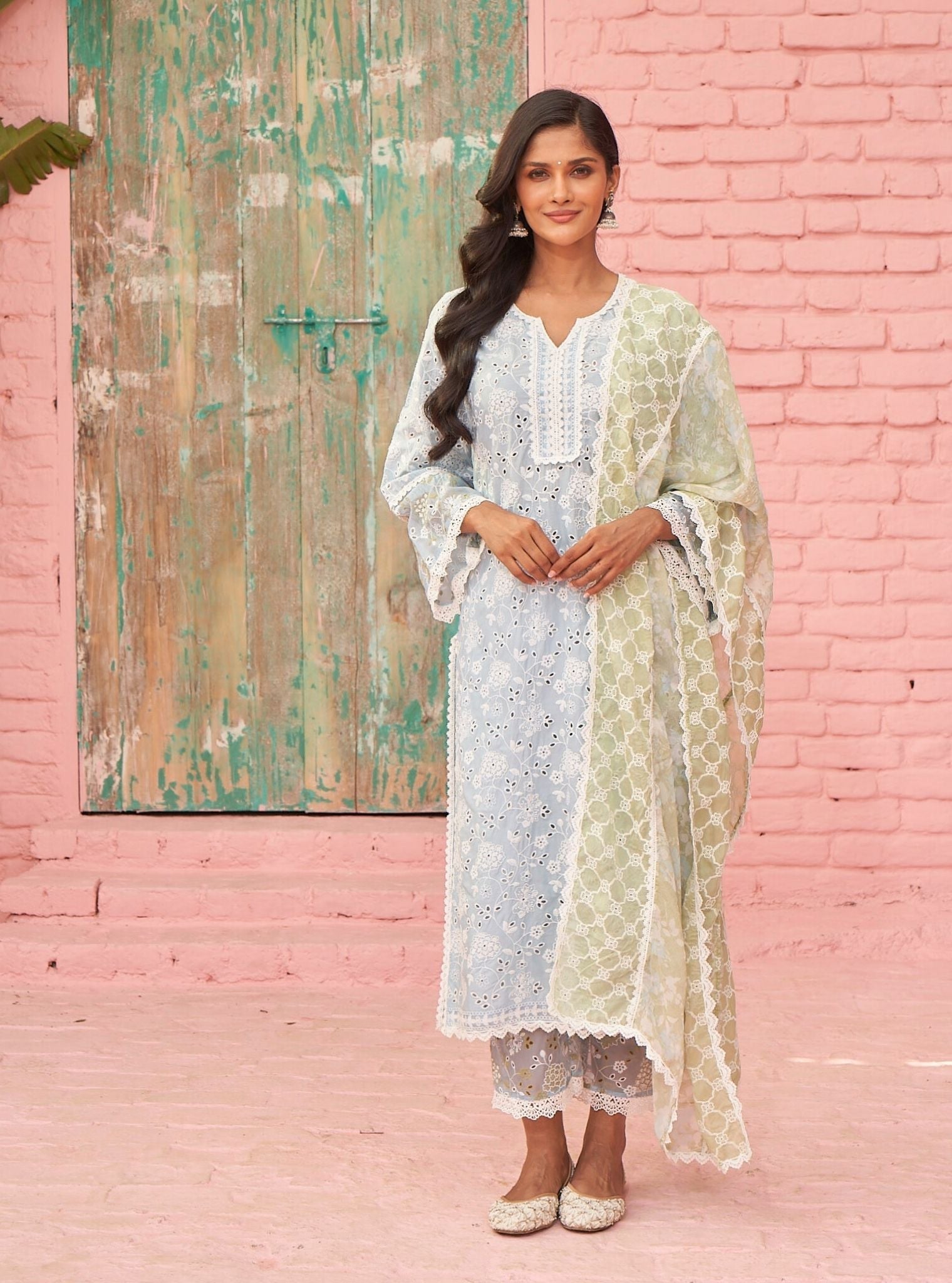 Mulmul Cotton Aaroh Light Blue Kurta With Mulmul Cotton Aaroh Light Blue Pant