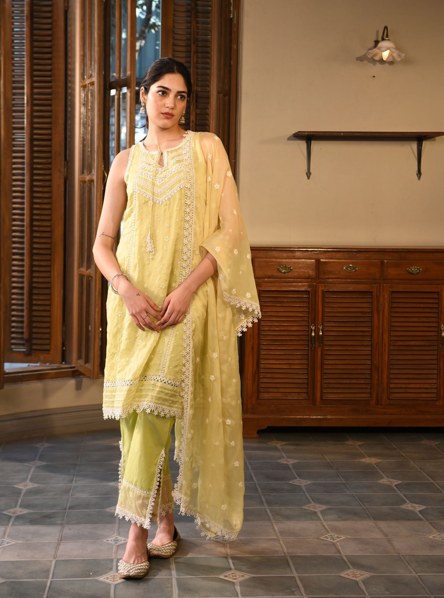 Mulmul Organza Simin Lime Kurta With Mulmul Cotton Simin Lime pant