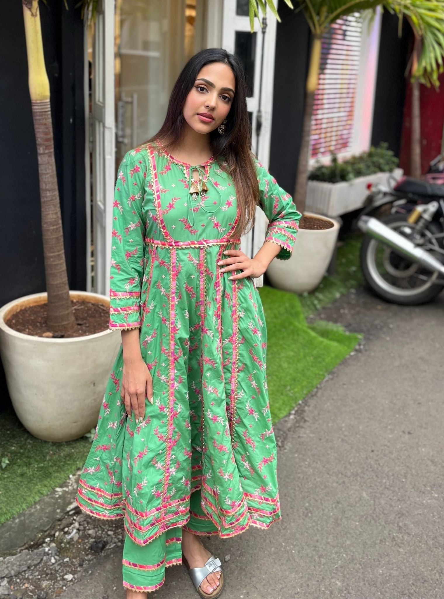 Mulmul Cotton Melenia Anarkali Green Kurta With Melenia Green Pant