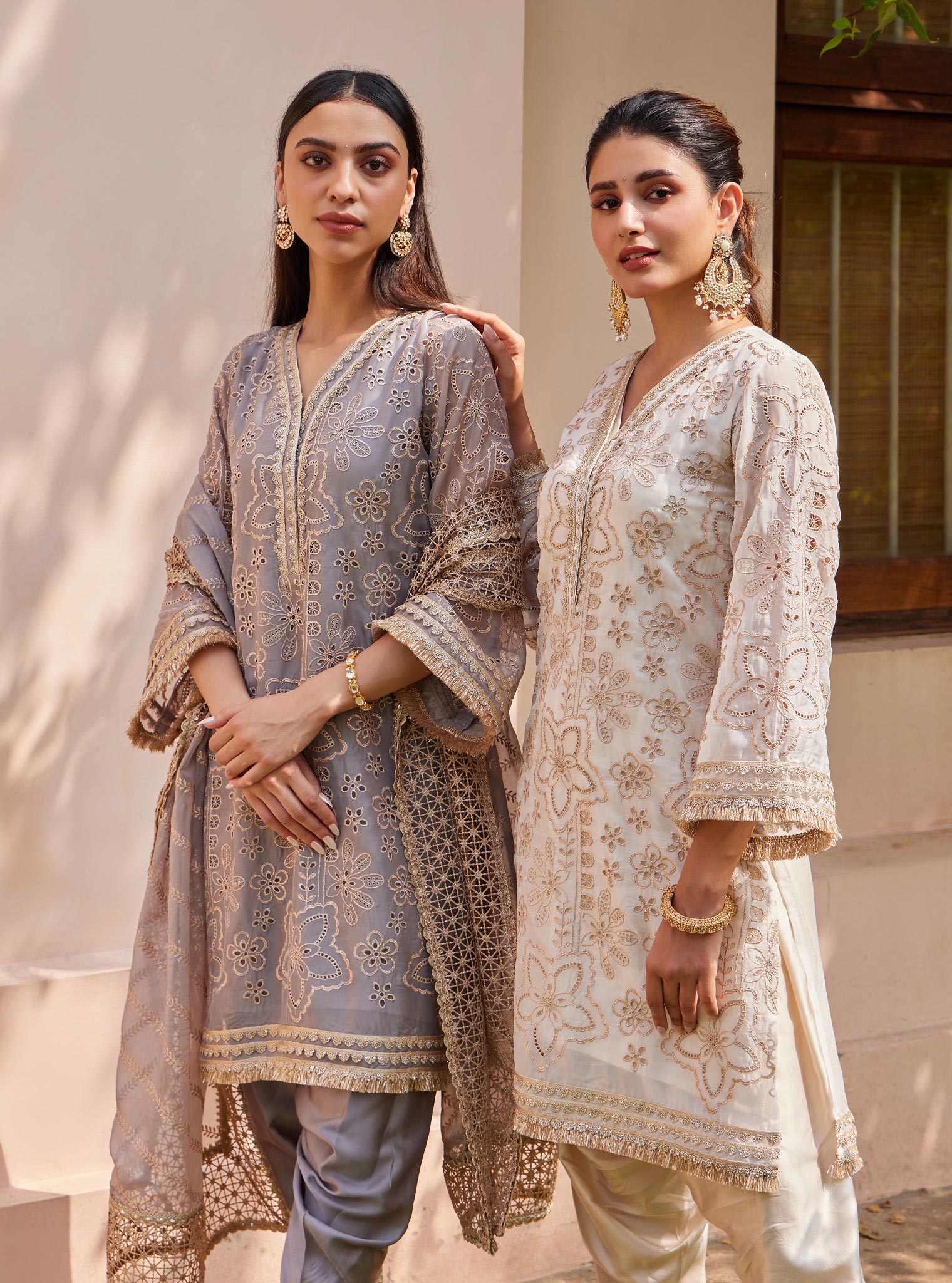 Mulmul Organza Ekani Grey Kurta with Mulmul Cupro Ekani Grey Salwar