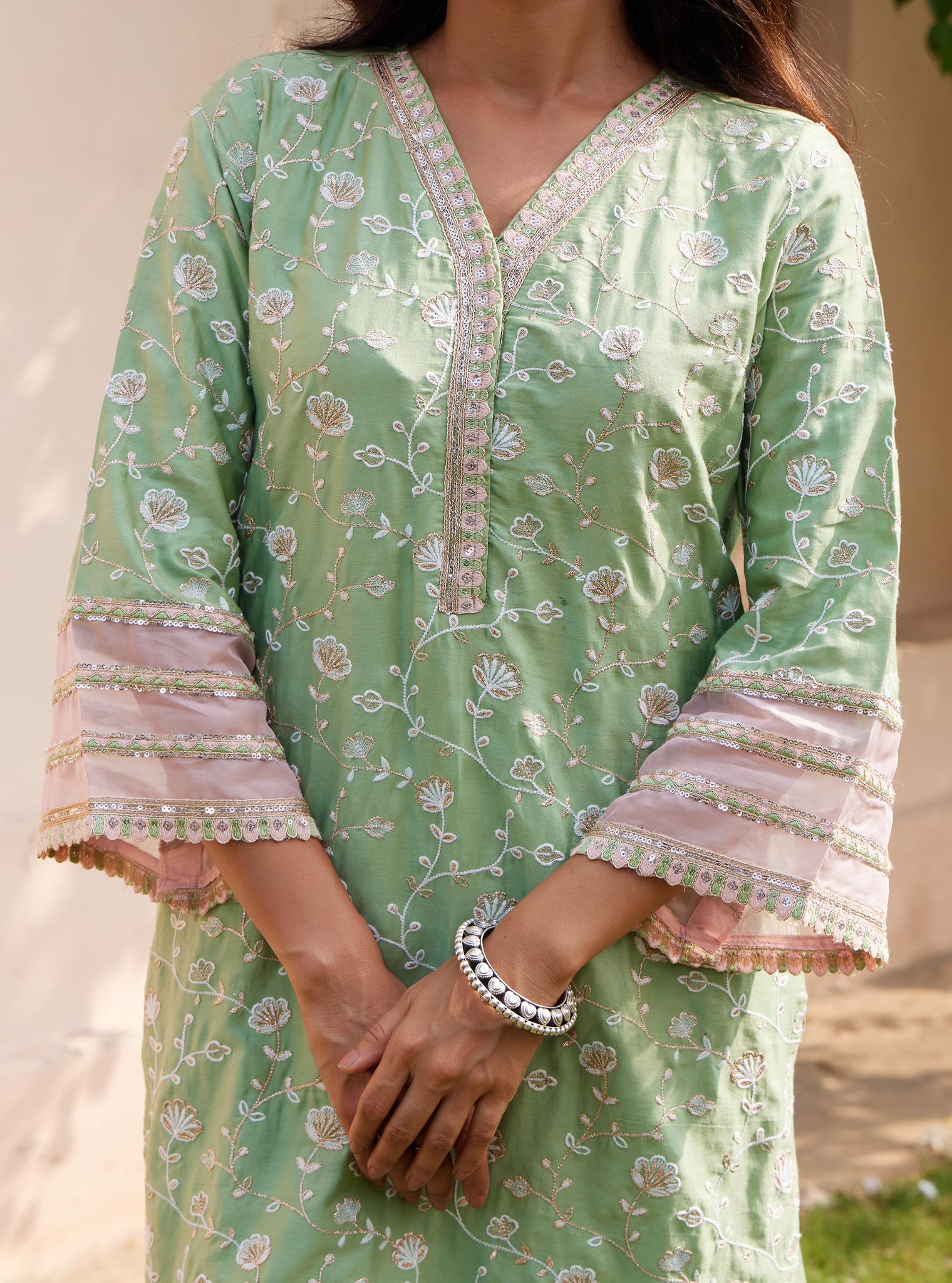 Mulmul Pima Drita Green Kurta with Mulmul Pima Drita Green Pant