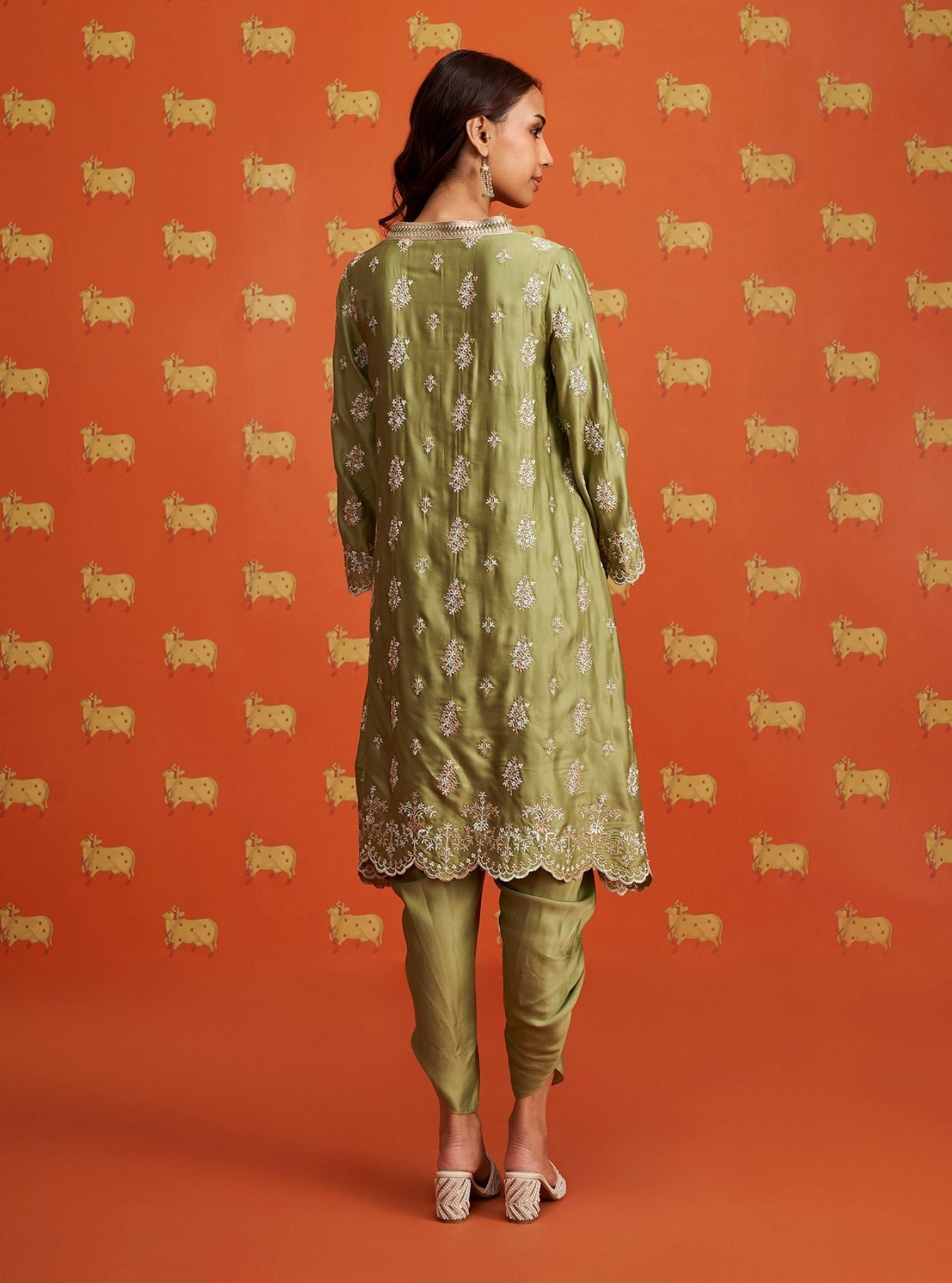 Mulmul Cupro Satin Callaia Moss Green kurta With Mulmul Cupro Satin Callaia Moss Green Salwar