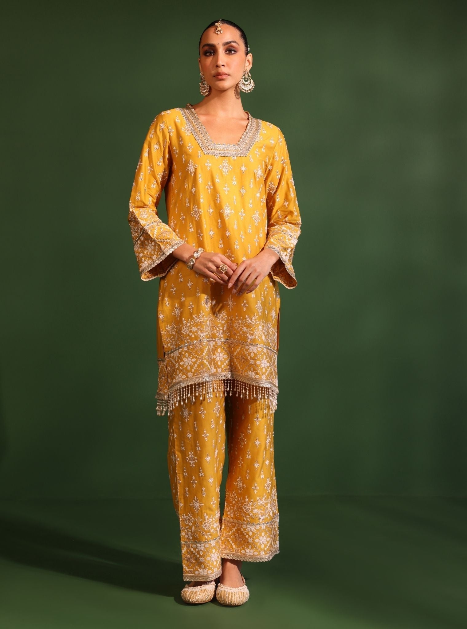 Mulmul Pima Satin Kalander Yellow Kurta With Mulmul Pima Satin Kalander Yellow Pant