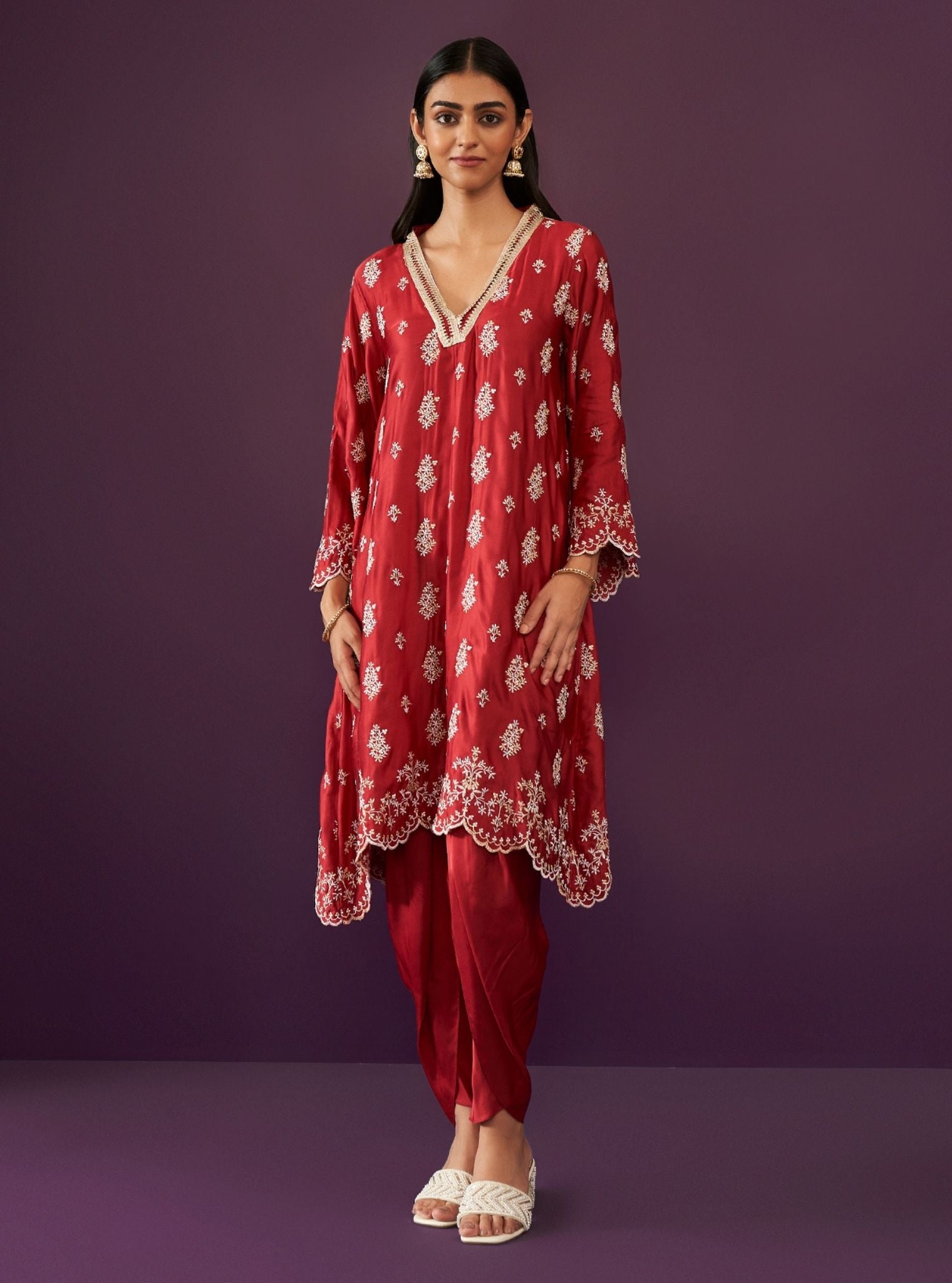 Mulmul Cupro Satin Callaia Red kurta With Mulmul Cupro Satin Callaia Red Salwar