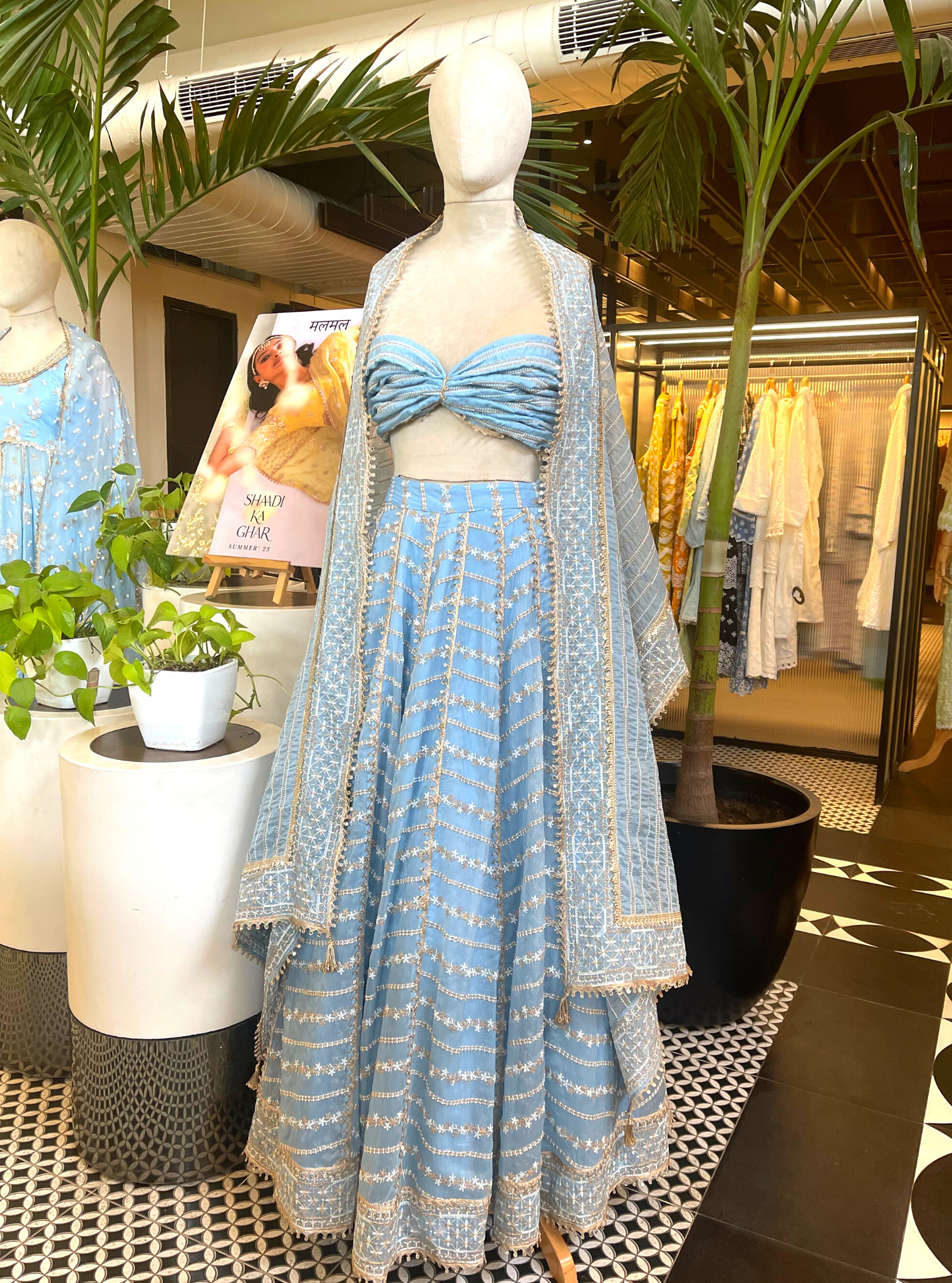 Mulmul Organza Gulmohar Blue Lehenga