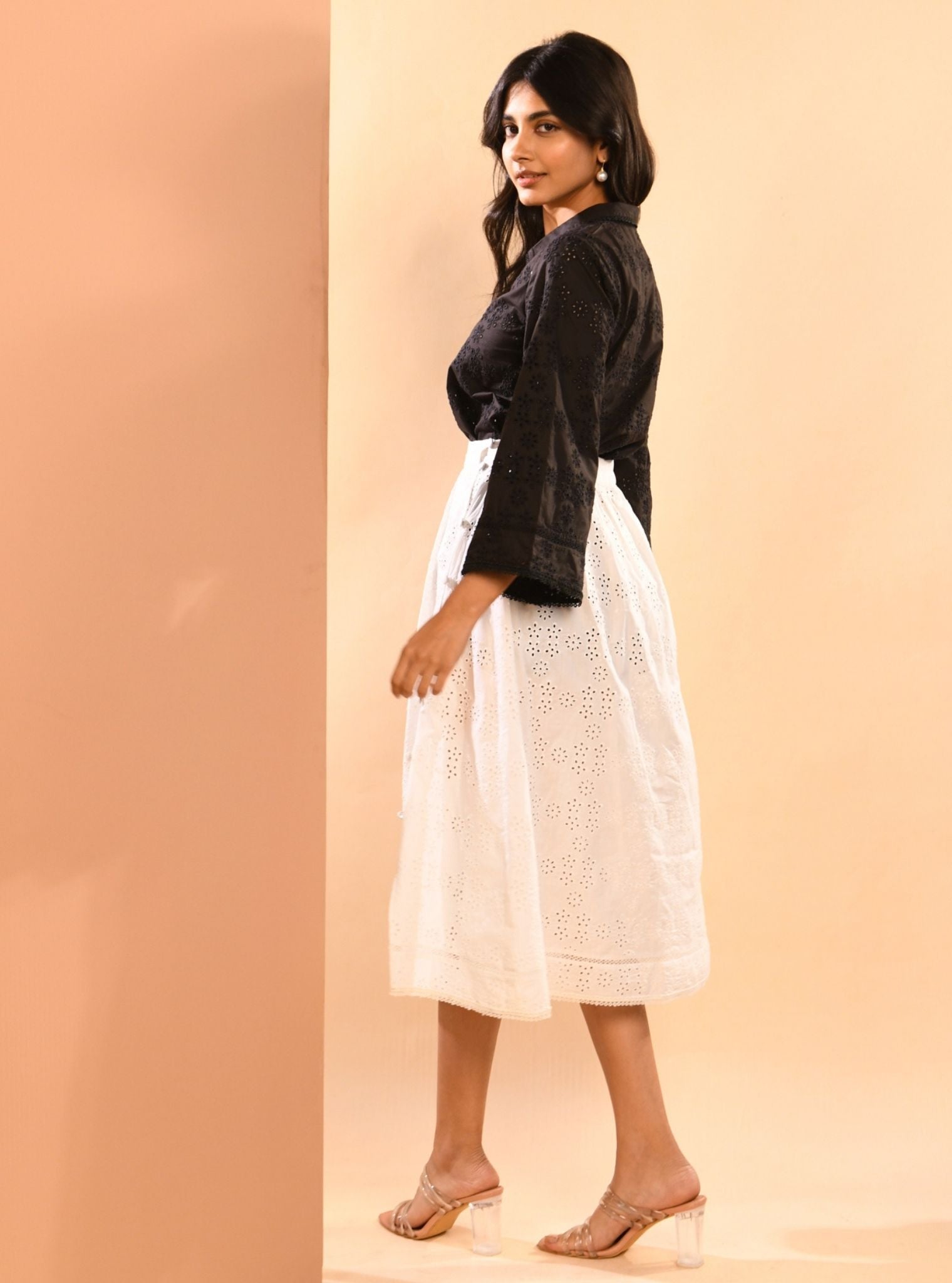 Mulmul Cotton Ceil Black Top With Mulmul Cotton Ceil White Skirt