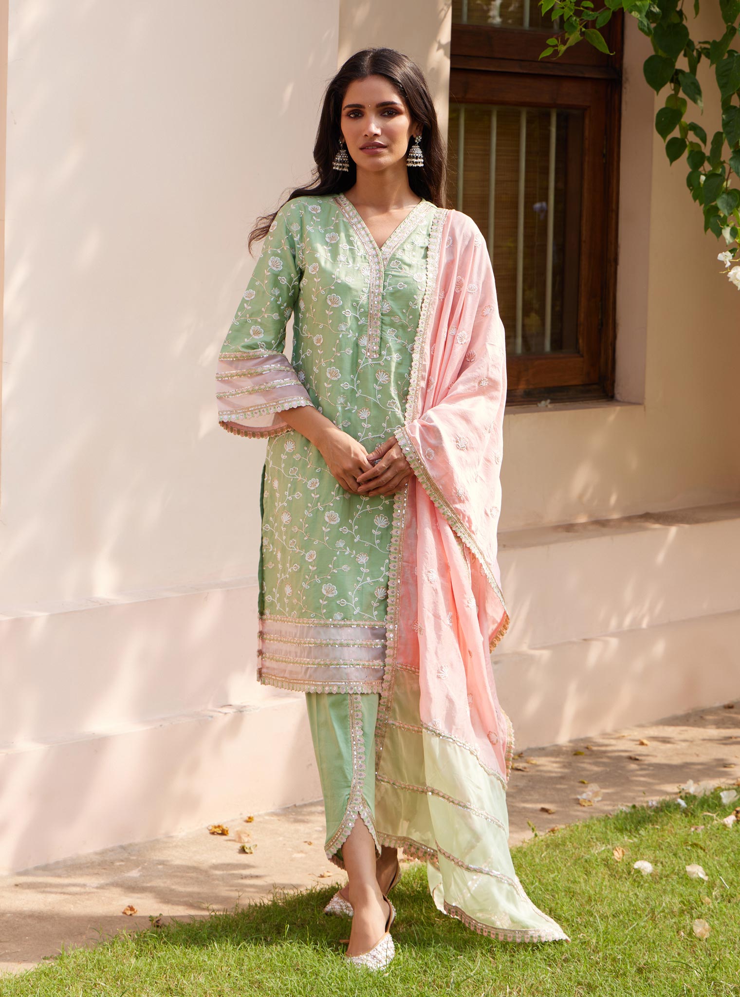 Mulmul Pima Drita Green Kurta with Mulmul Pima Drita Green Pant