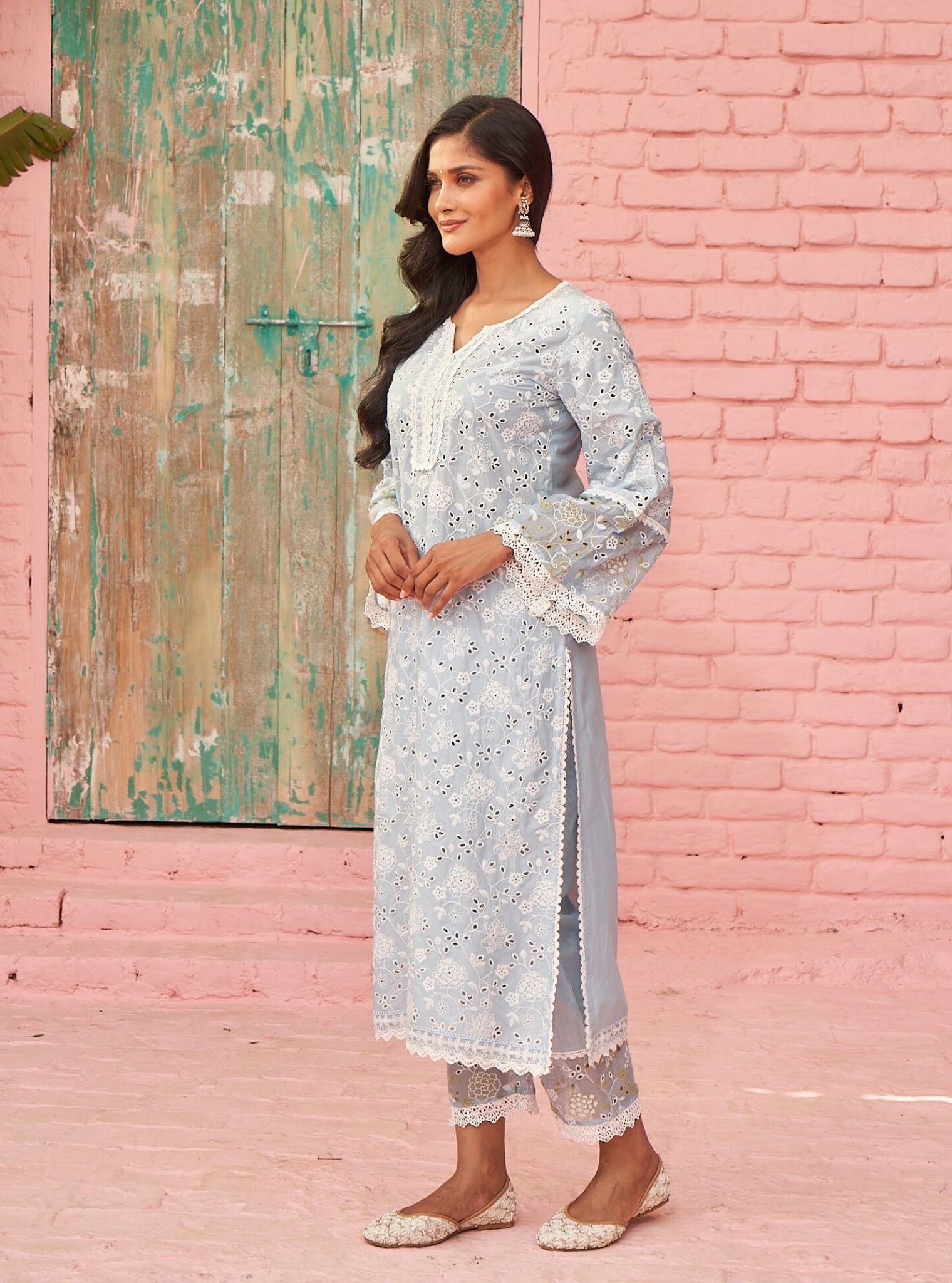 Mulmul Cotton Aaroh Light Blue Kurta With Mulmul Cotton Aaroh Light Blue Pant