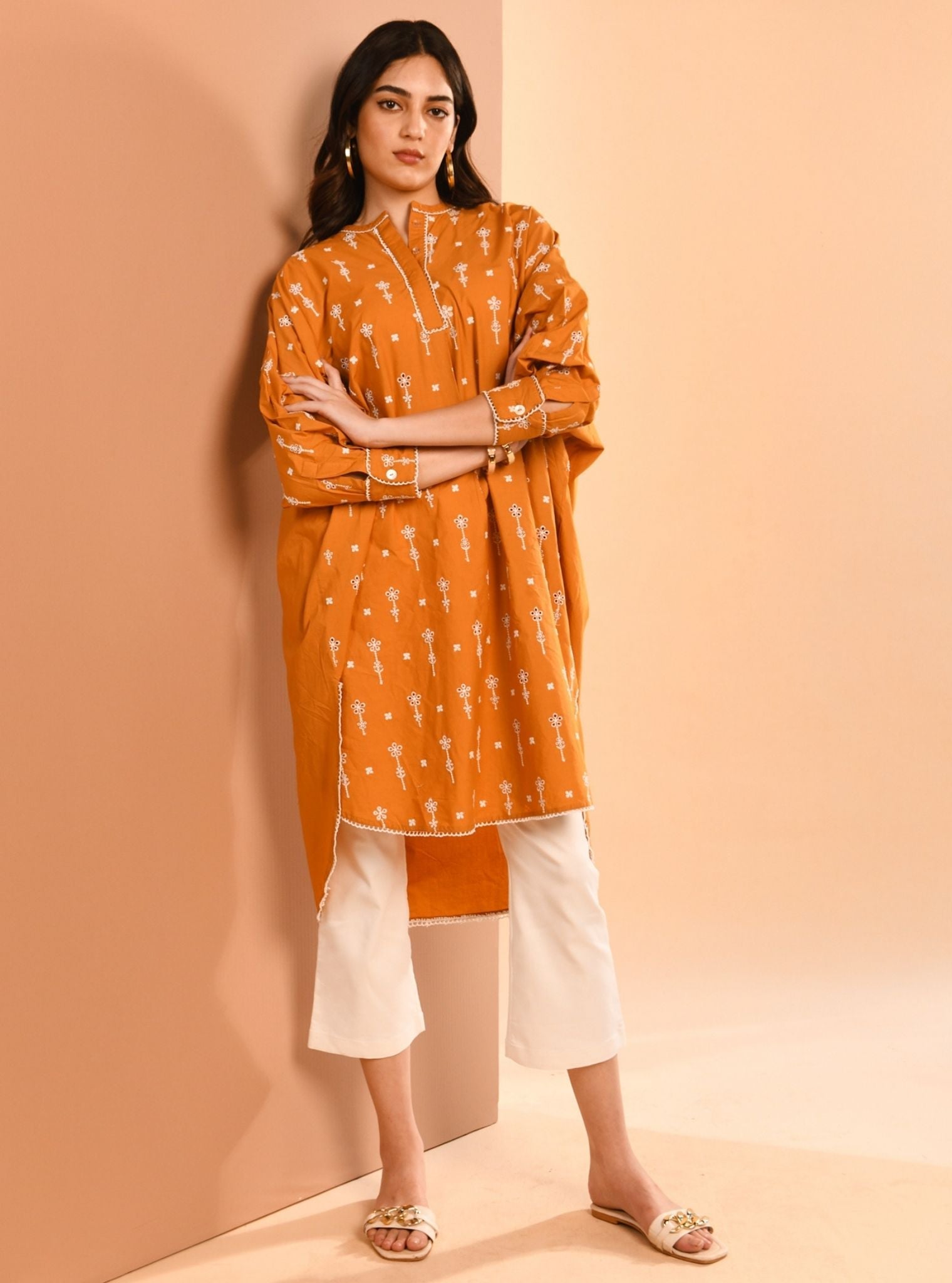 Mulmul Cotton Oriana Orange Kurta With Mulmul Cotton Oriana White Pant