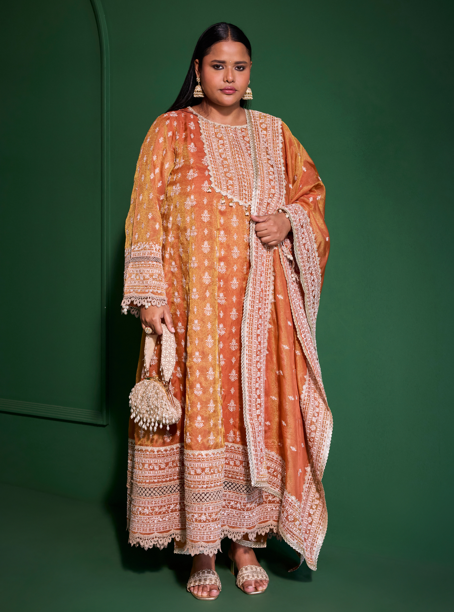 Mulmul Luxe Organza Jalwa Orange Anarkali Kurta With Mulmul Luxe Organza Jalwa Orange Pant