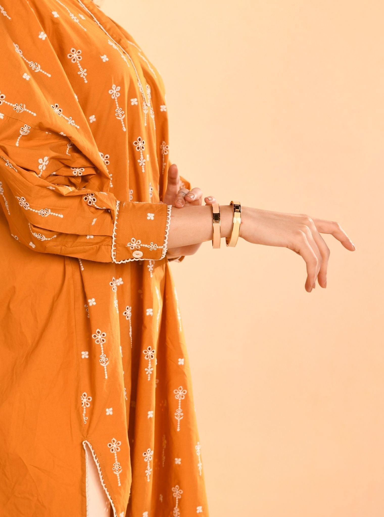 Mulmul Cotton Oriana Orange Kurta With Mulmul Cotton Oriana White Pant