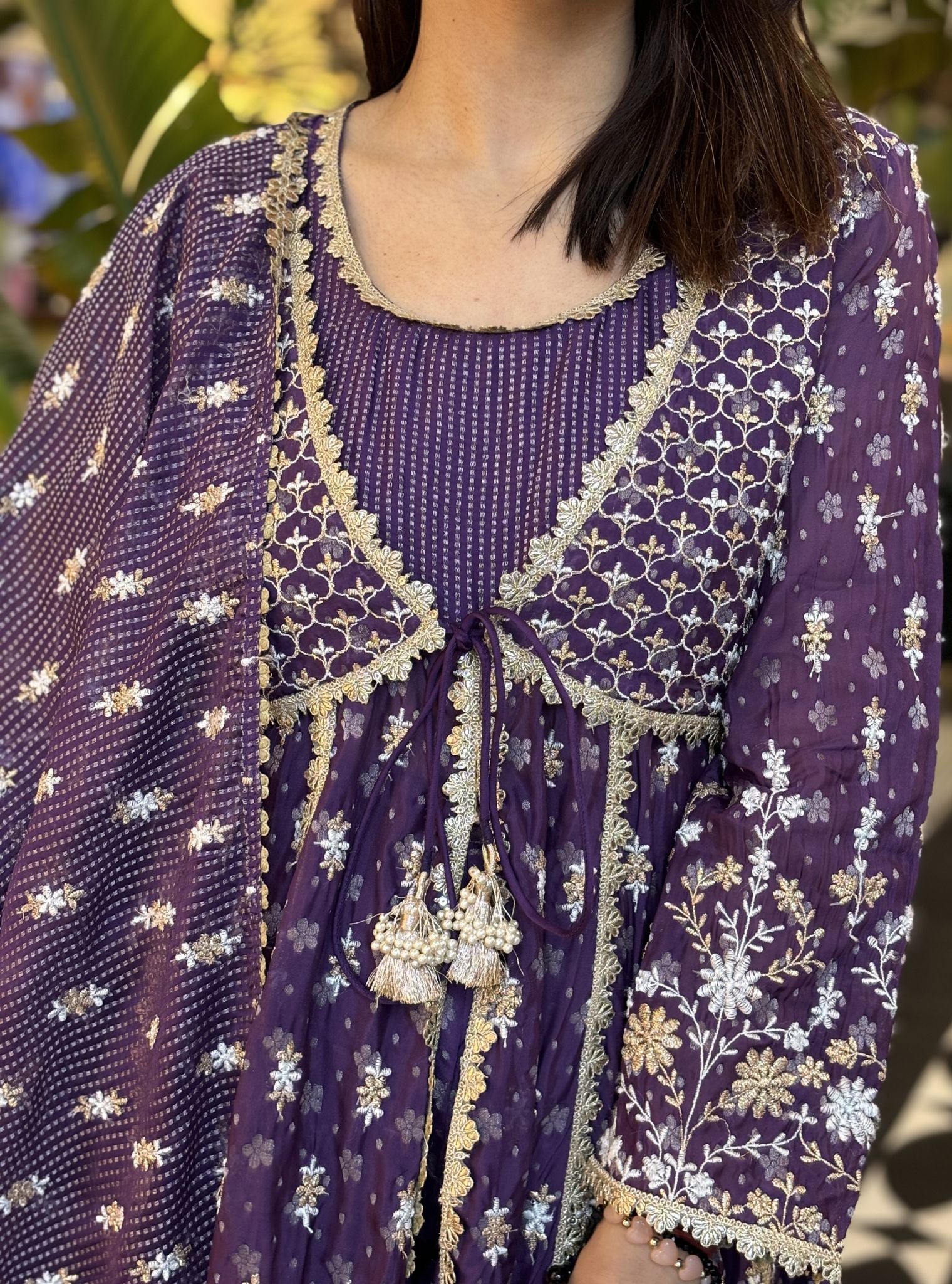 Mulmul Banarsi Nyah Purple Short Anarkali Kurta With Mulmul Banarsi Nyah Purple Dhoti Pant