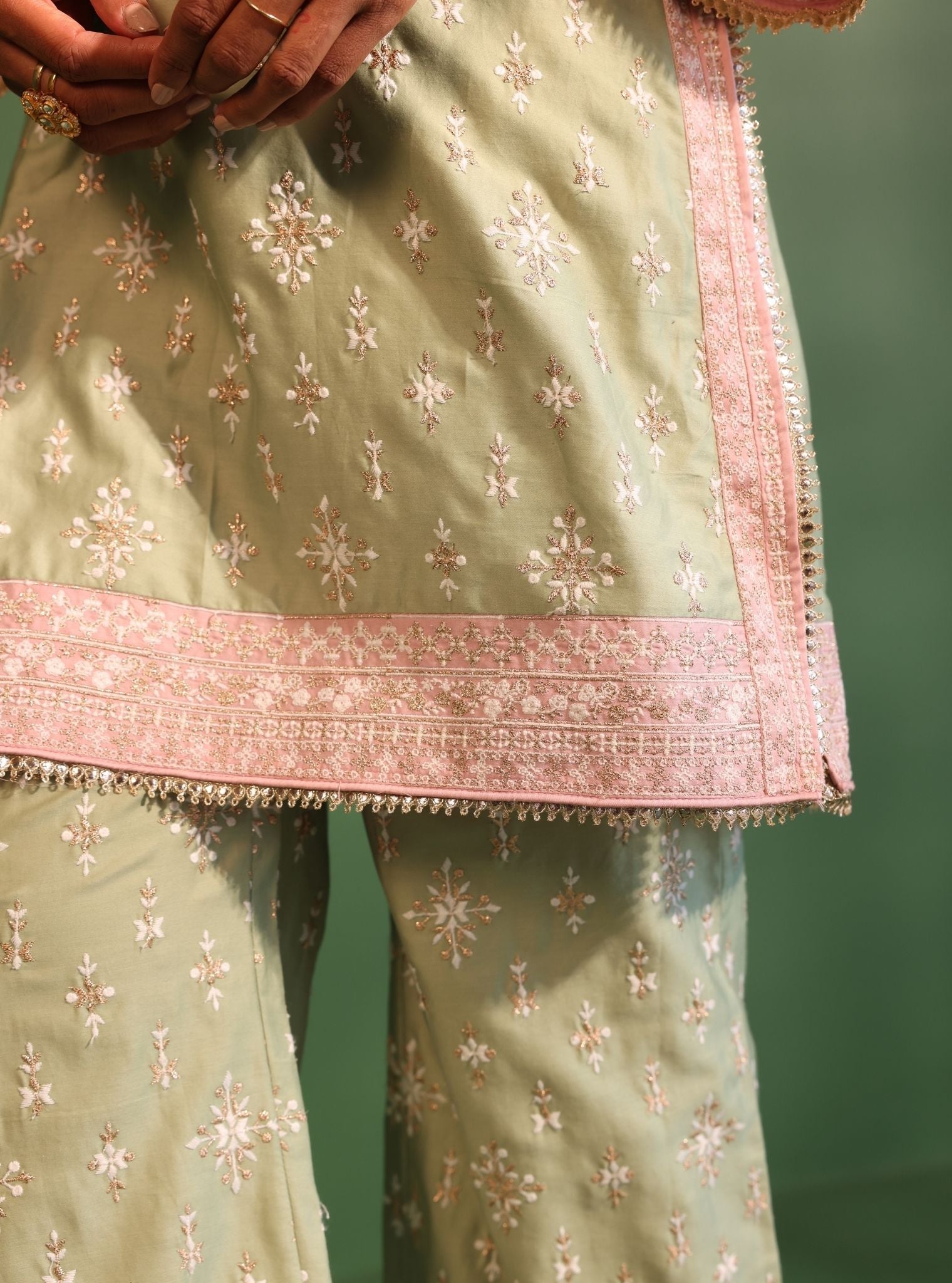 Mulmul Pima Satin Nikhat Green Kurta With Mulmul Pima Satin Nikhat Green Pant