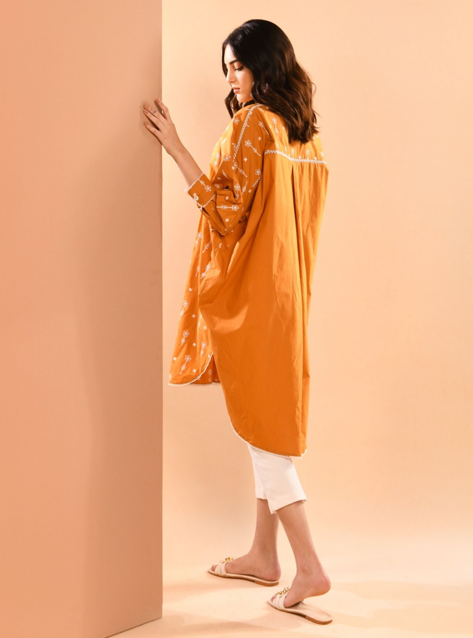 Mulmul Cotton Oriana Orange Kurta With Mulmul Cotton Oriana White Pant