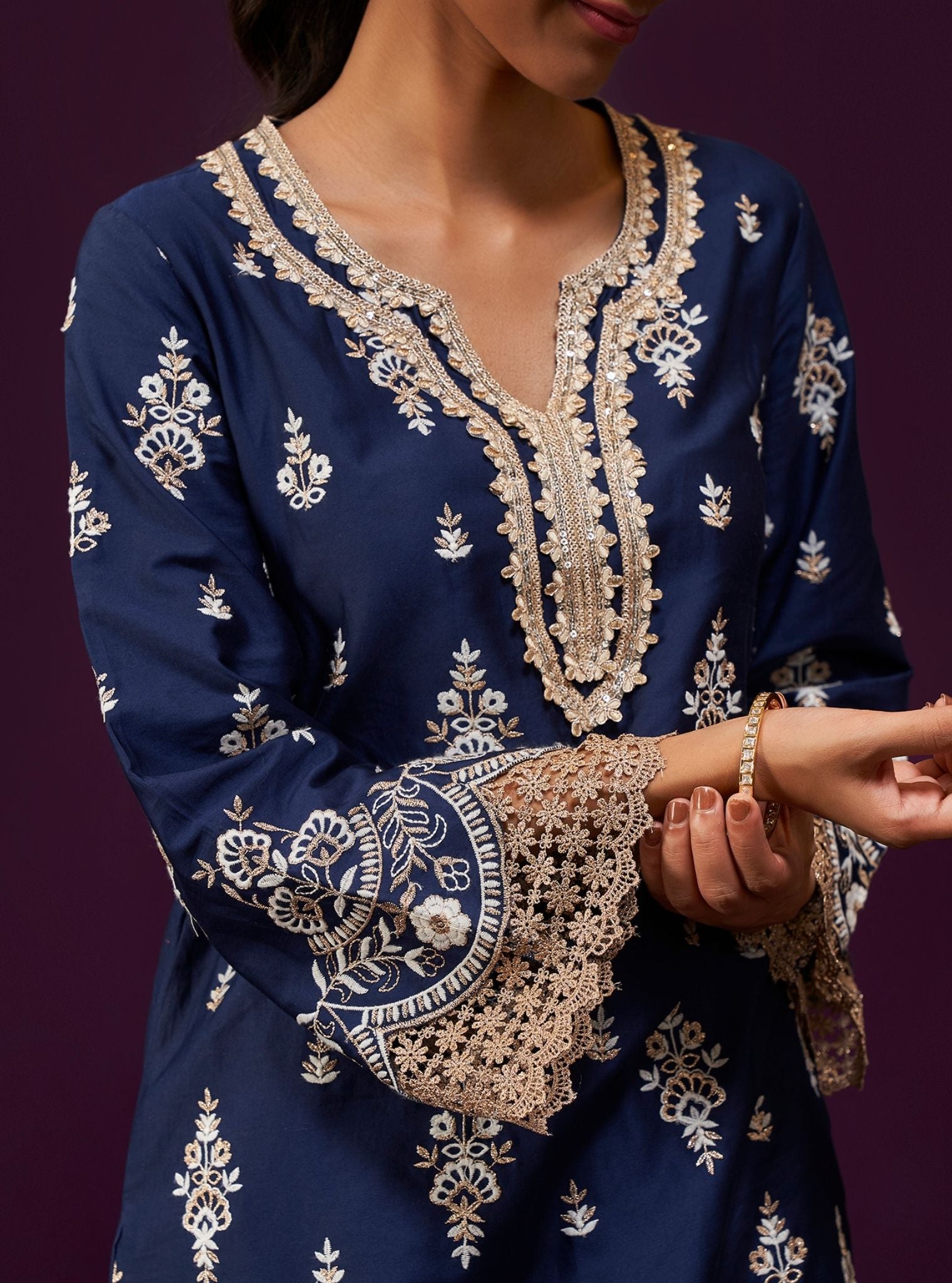 Mulmul Pima Satin Aree Navy Kurta With Mulmul Pima Satin Aree Navy Garara