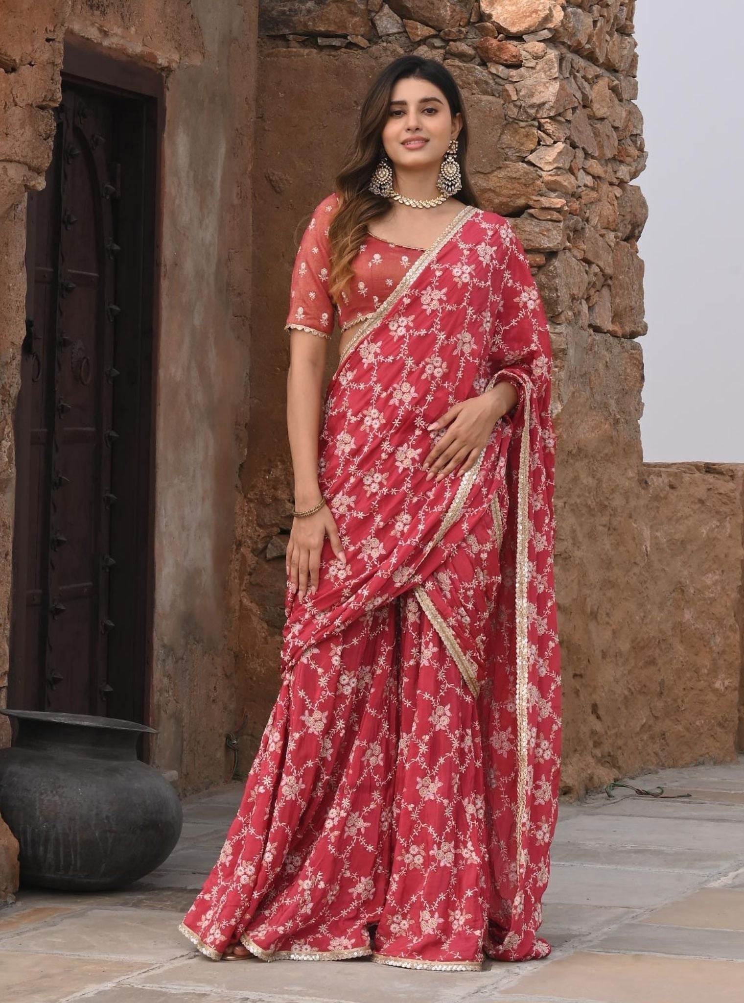 Mulmul Crepe Raahi Red Pre-Stitched Saree