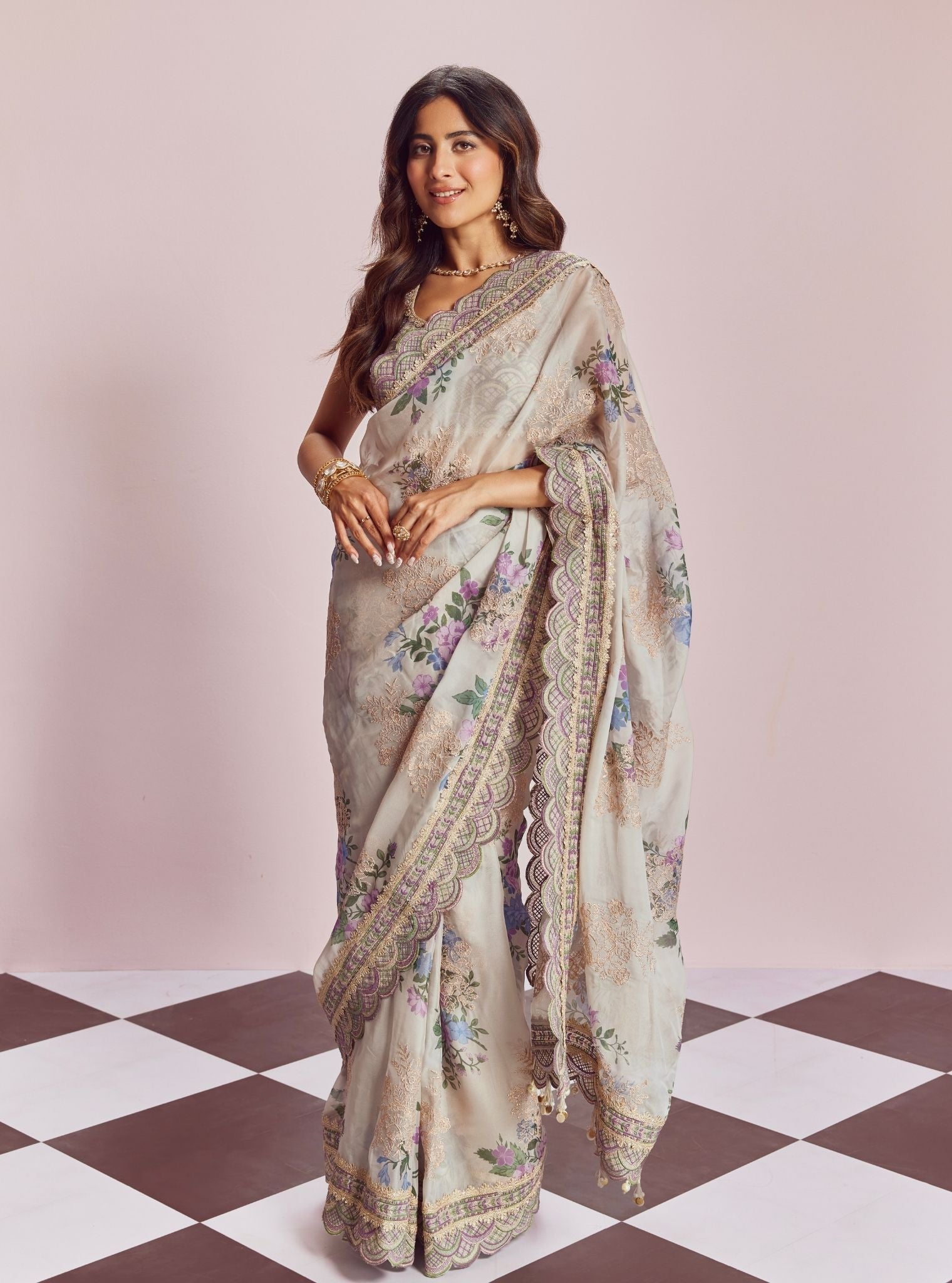 Swar Dull Organza Printed White Saree