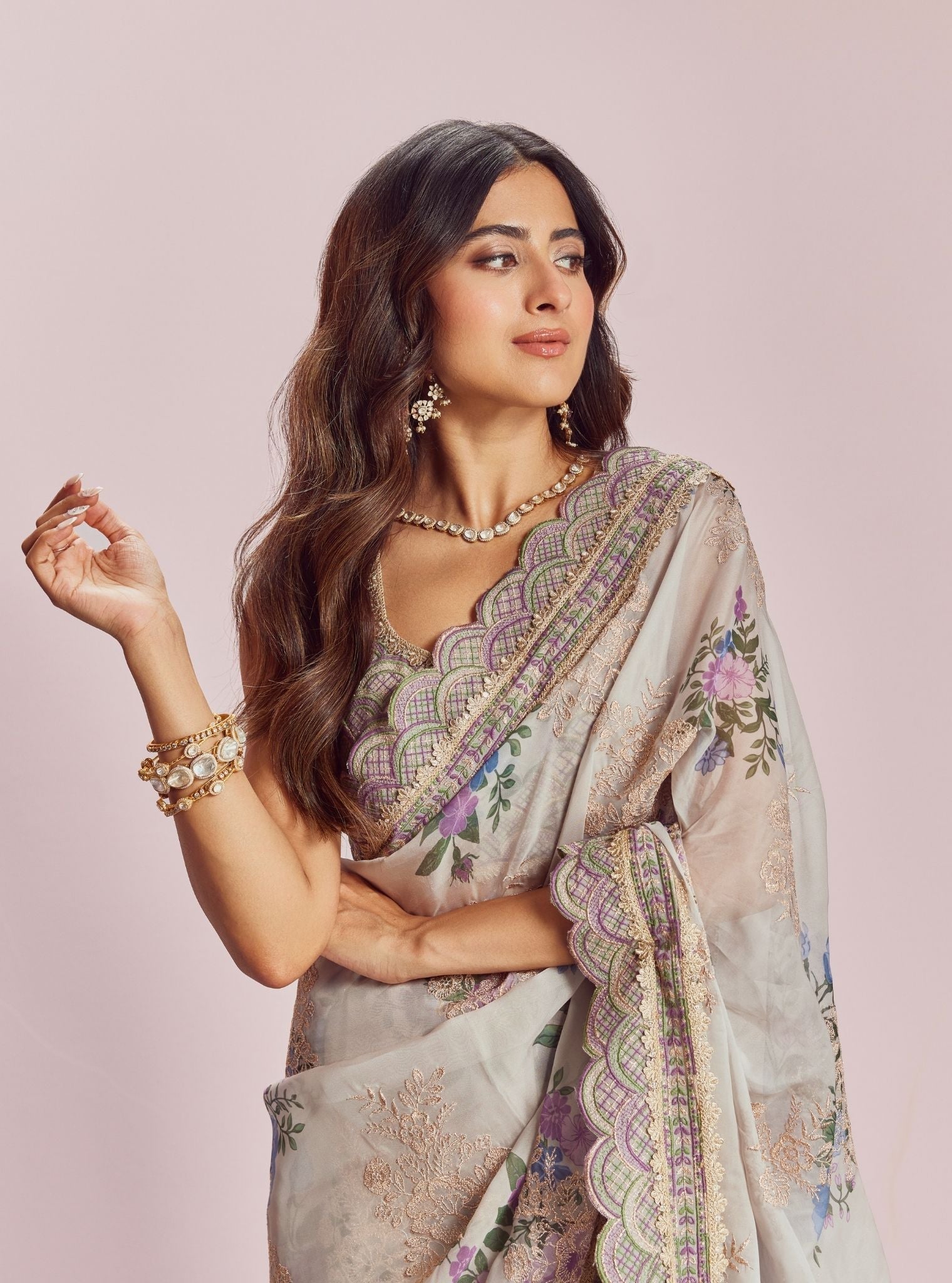 Swar Dull Organza Printed White Saree