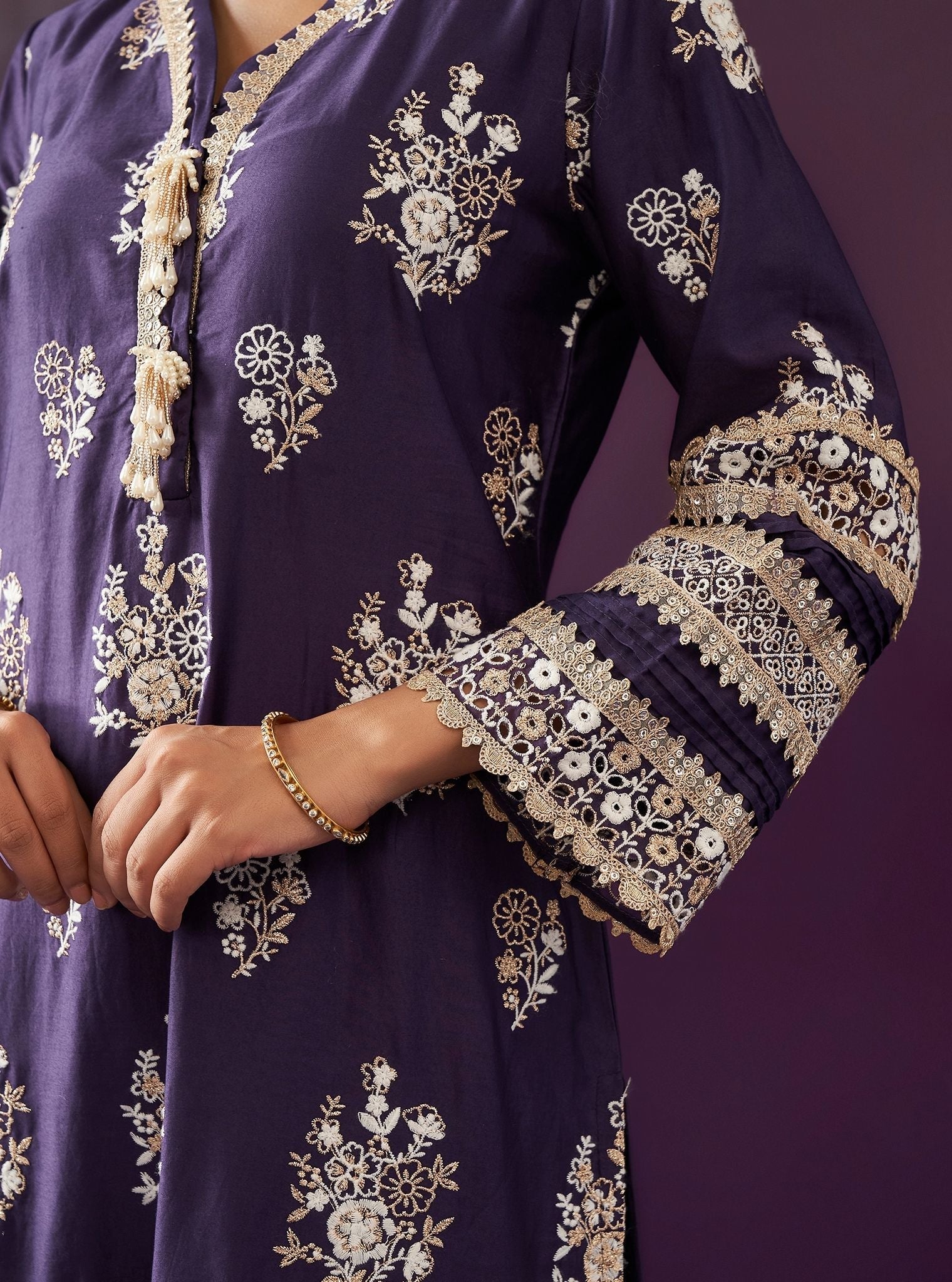 Mulmul Pima Satin Nalin Purple Kurta With Mulmul Pima Satin Nalin Purple Pant