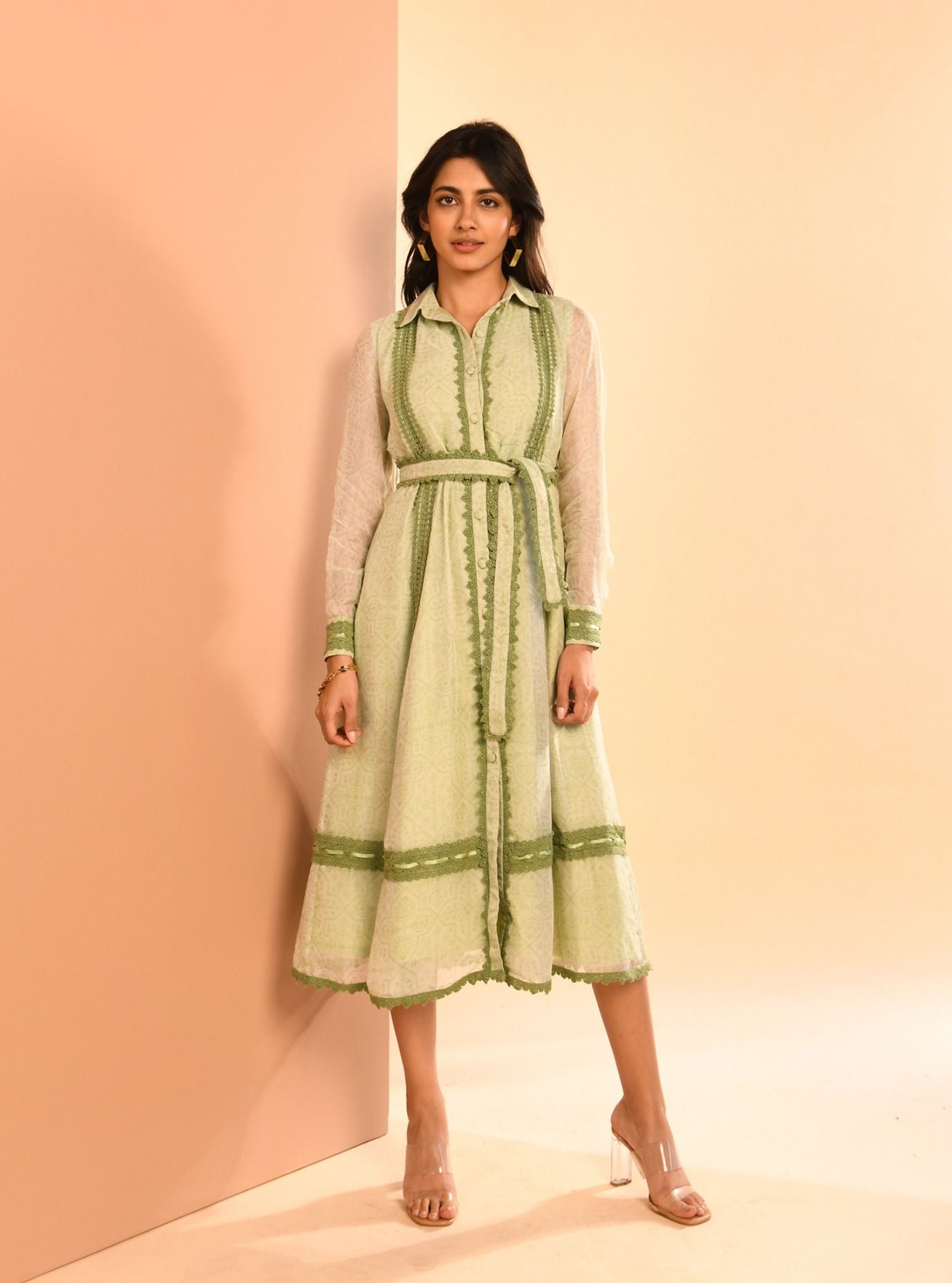 Mulmul Organza Liz Printed Green Long Dress