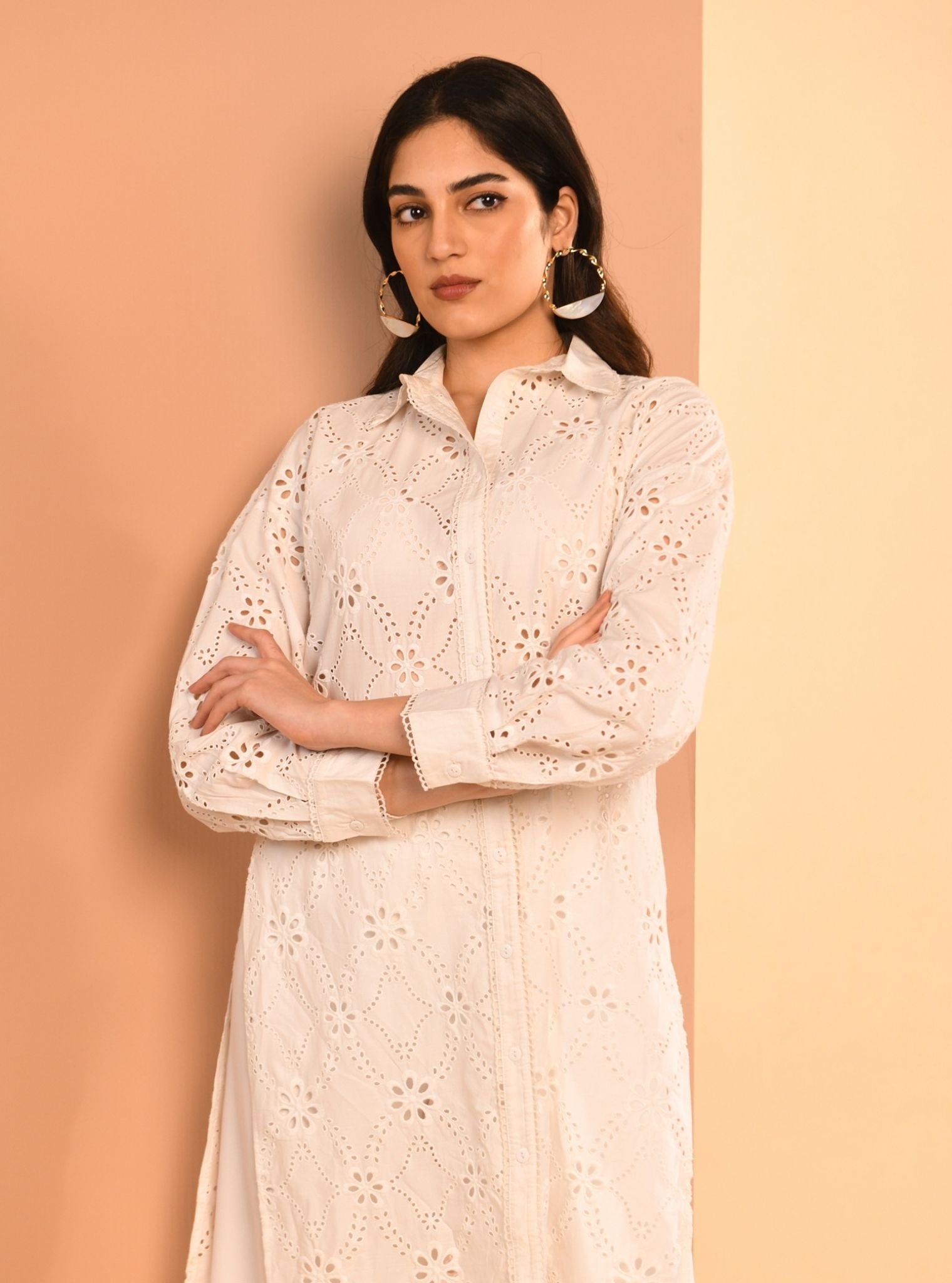 Mulmul Cotton Trix White Long Shirt with Mulmul Cotton Trix White Pant